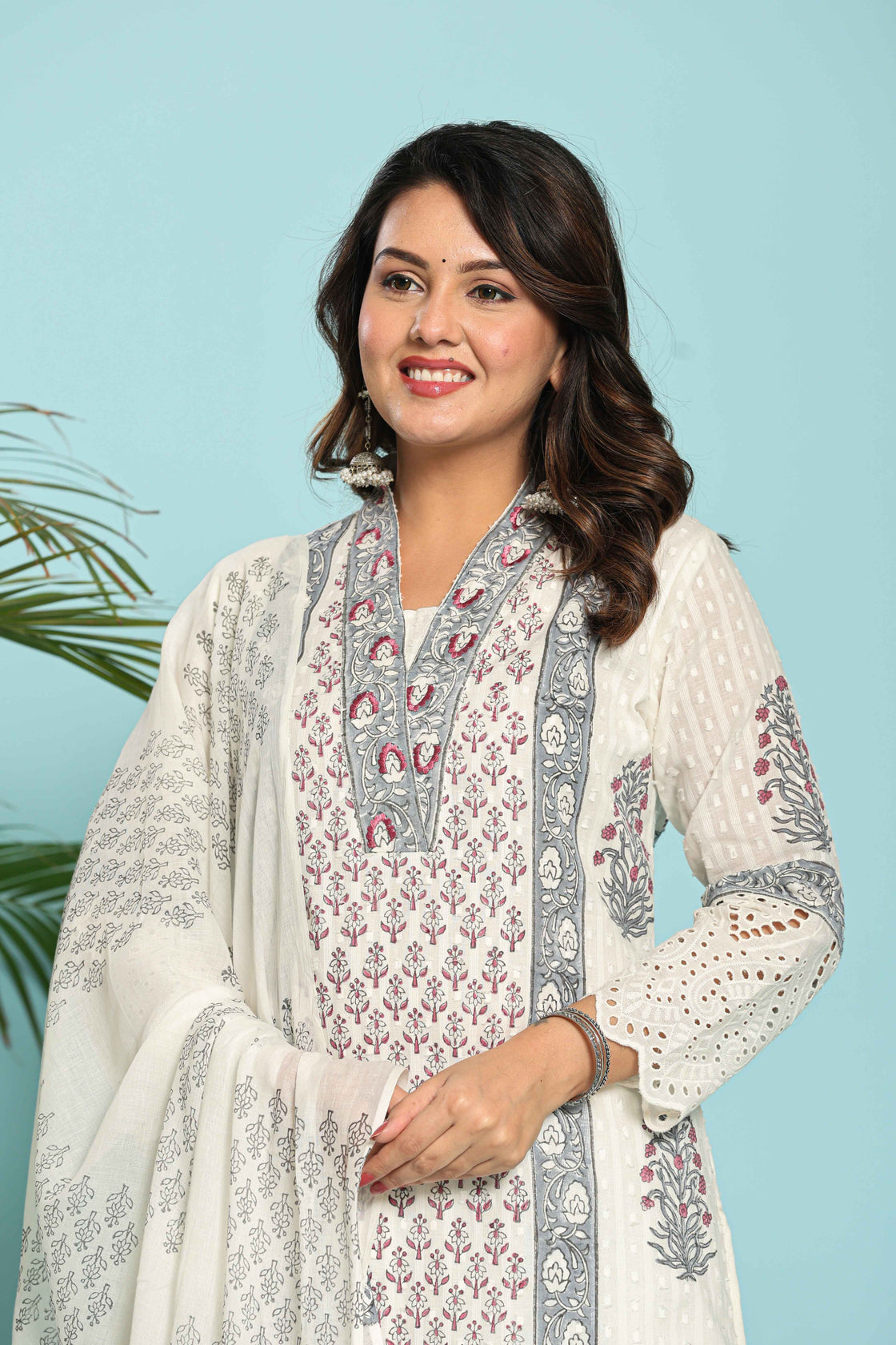 White with Grey Original Hand Block Dupatta Set