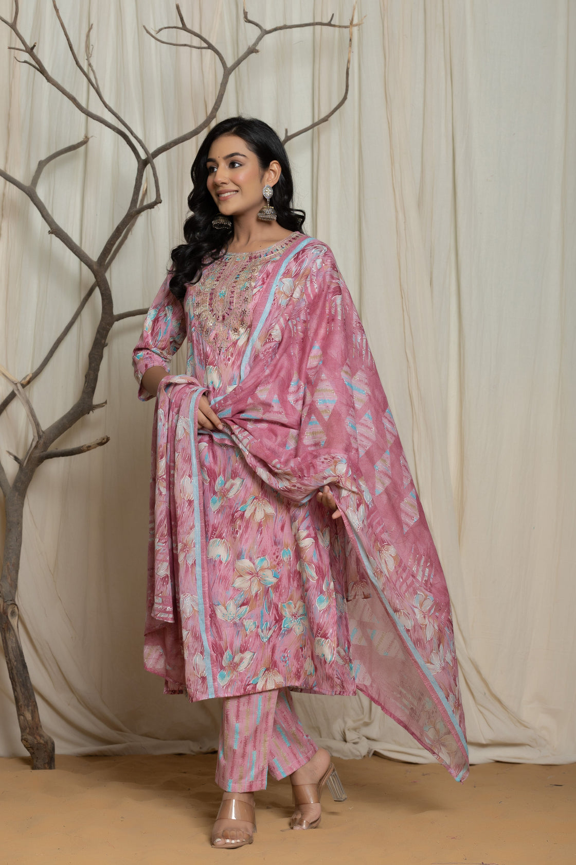Cotton Premium Mill Print Embroidery Detailing Dupatta Set