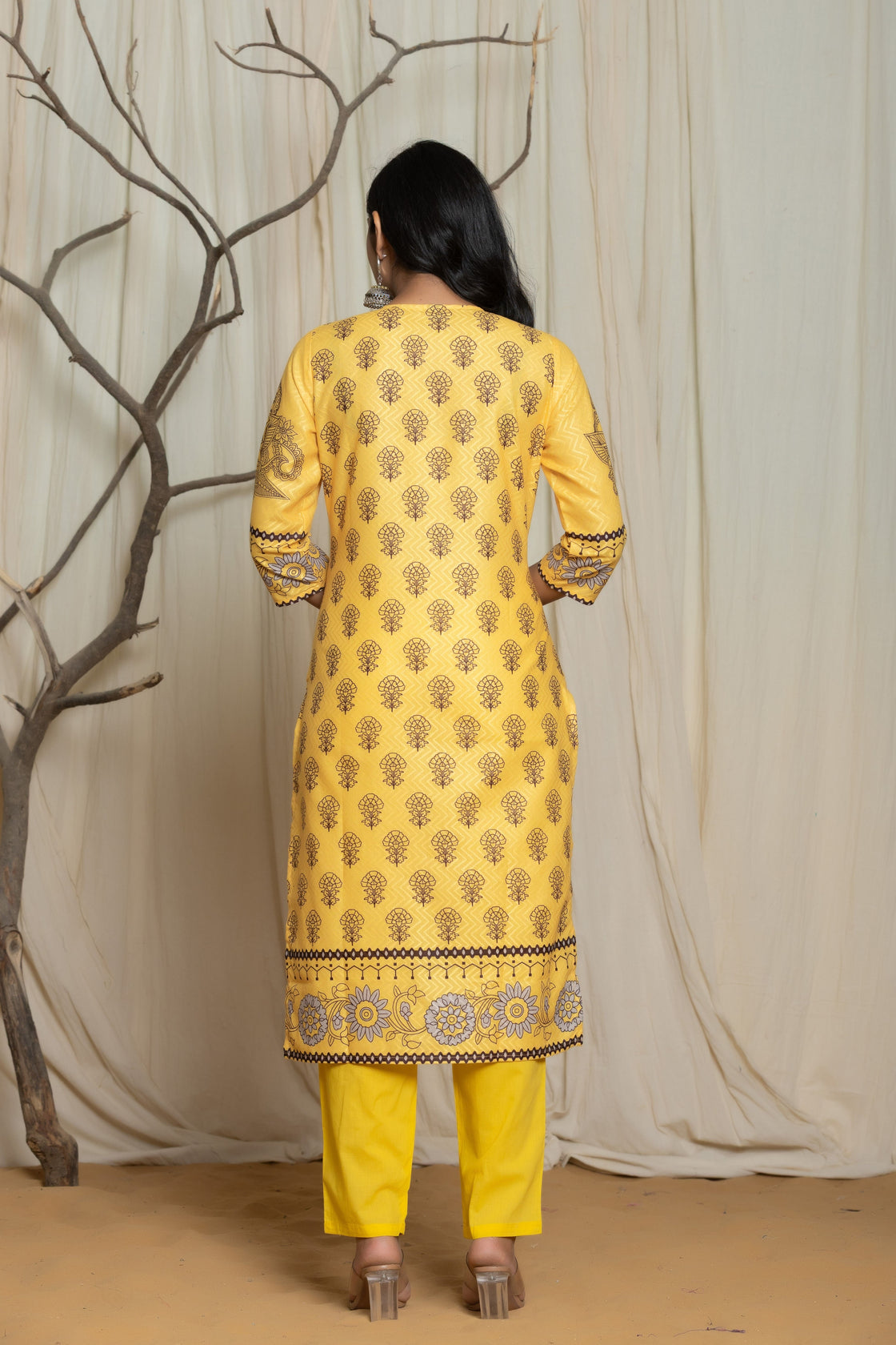 Elegant Yellow Lapet Fine Digital Print with Handwork Detailing Dupatta Set