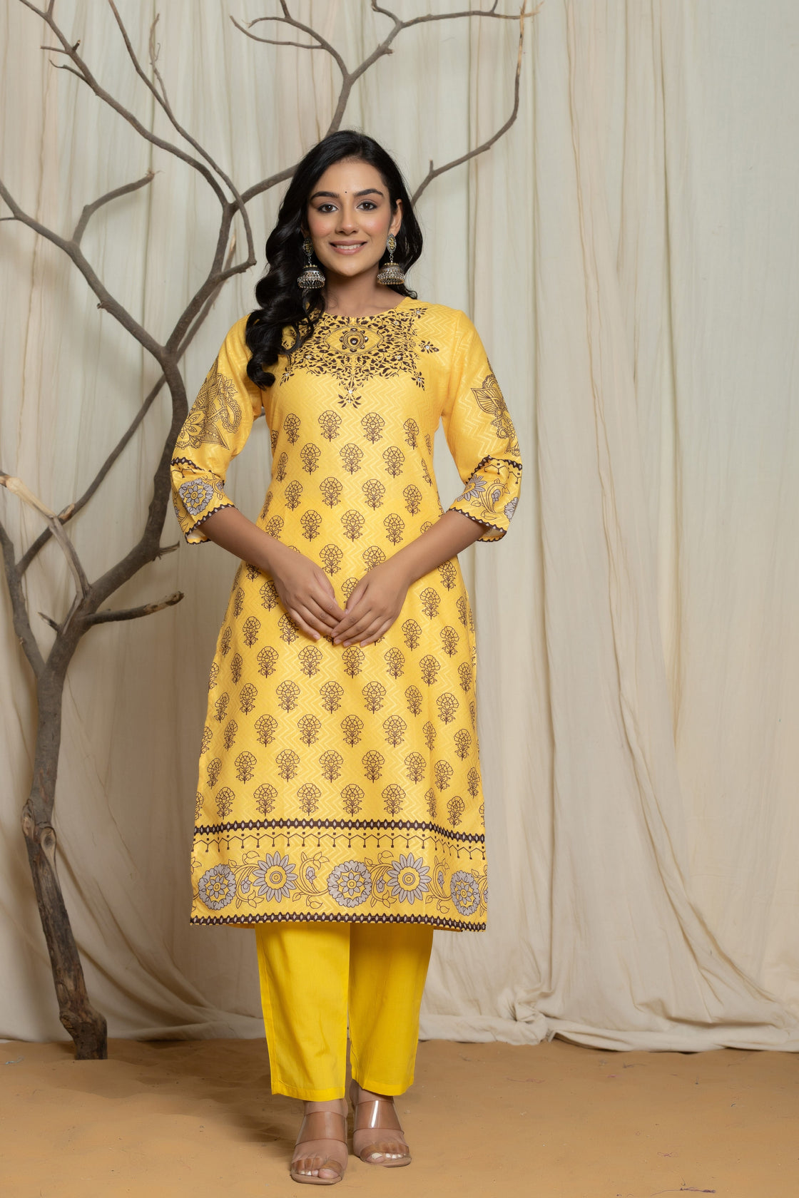 Elegant Yellow Lapet Fine Digital Print with Handwork Detailing Dupatta Set
