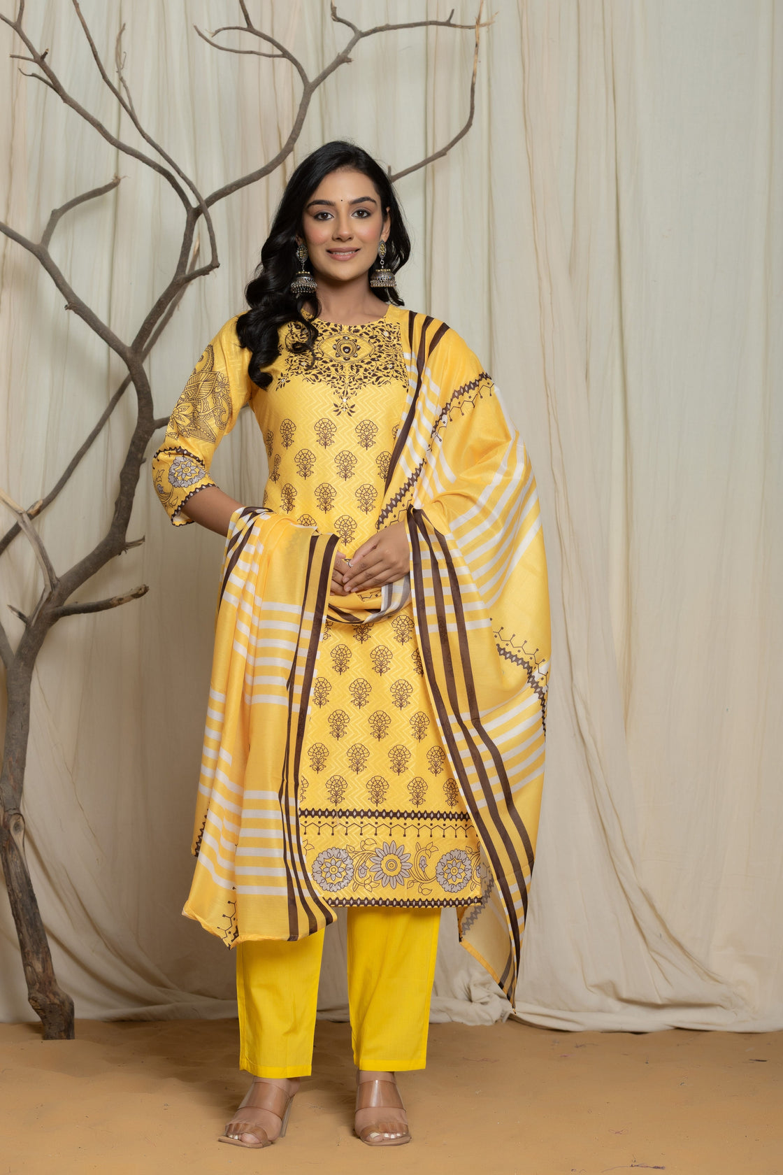 Elegant Yellow Lapet Fine Digital Print with Handwork Detailing Dupatta Set