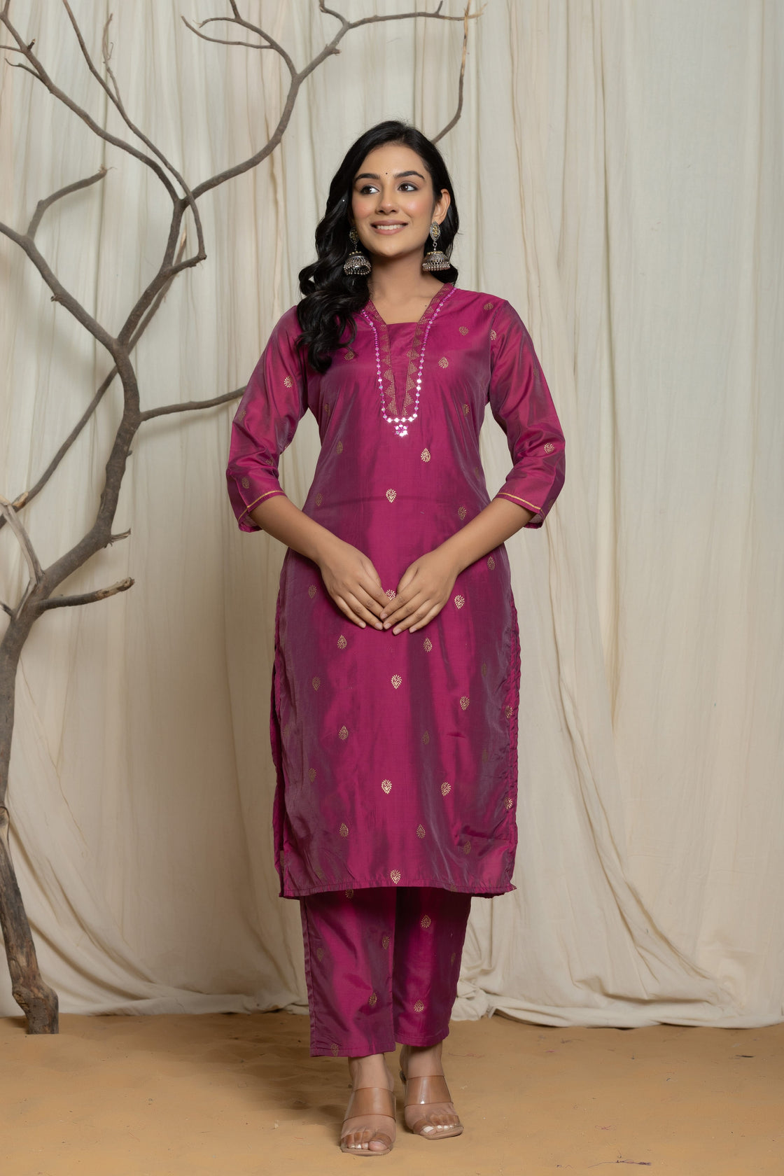 Pink Handblock Rogan Work Dupatta Set