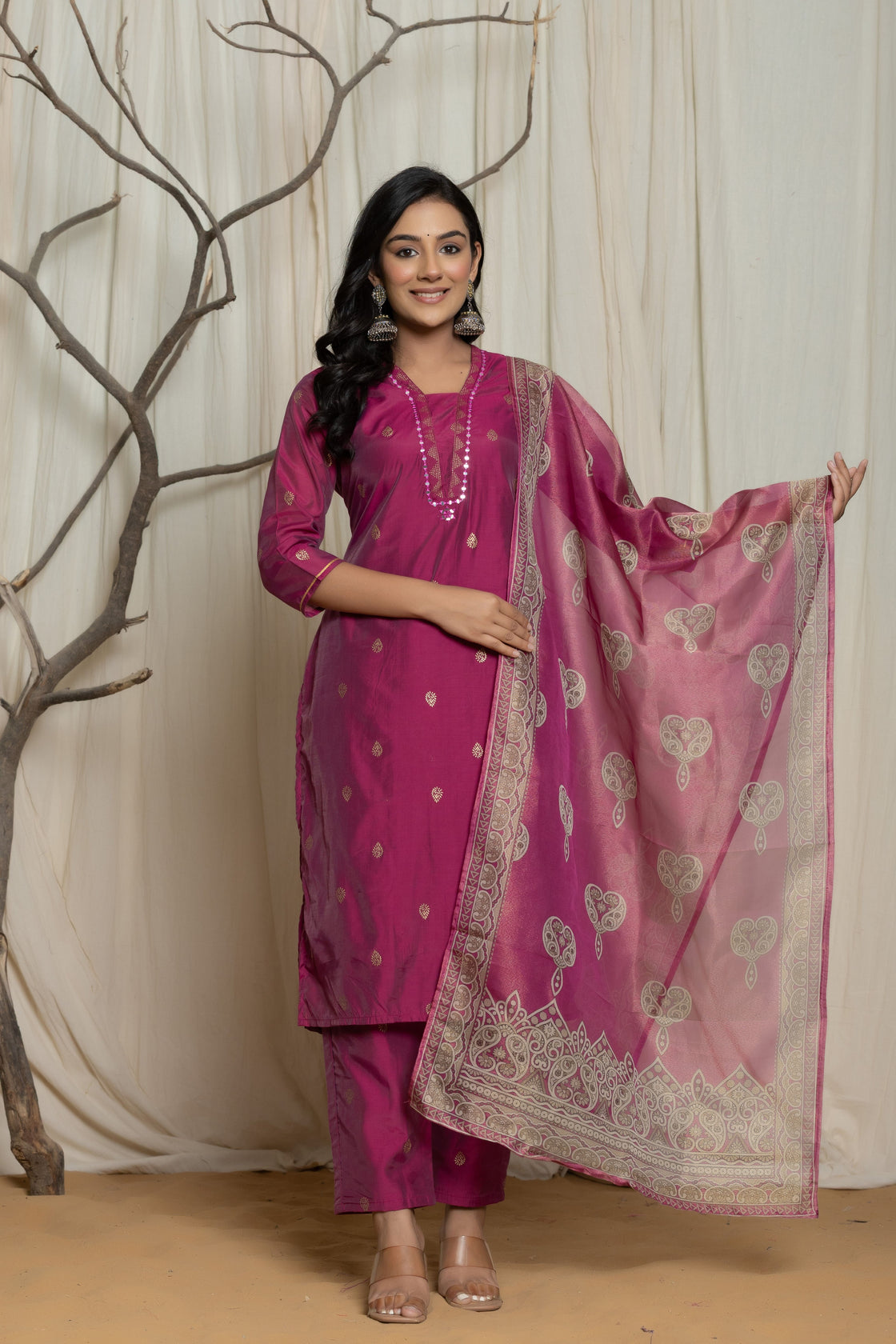 Pink Handblock Rogan Work Dupatta Set