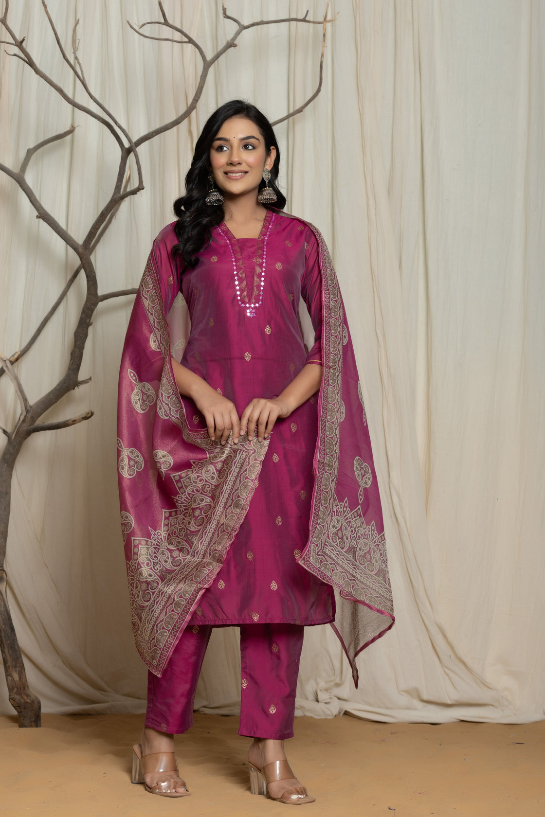Pink Handblock Rogan Work Dupatta Set