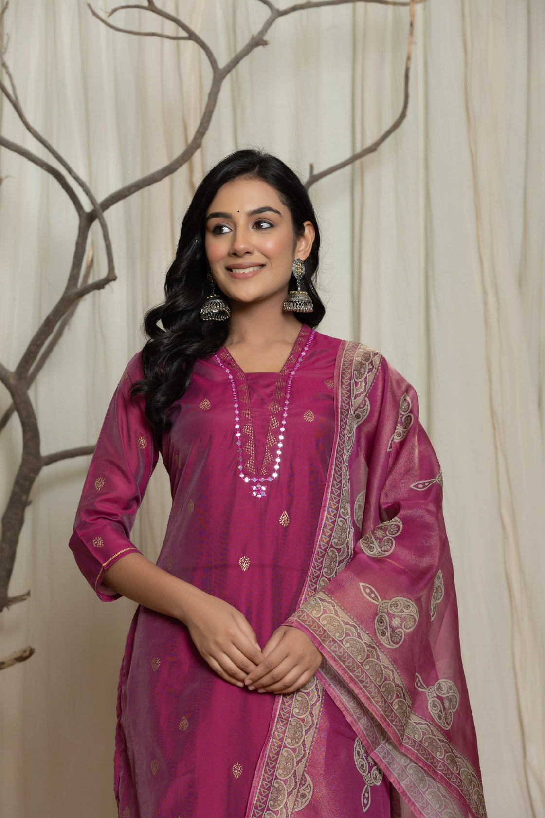 Pink Handblock Rogan Work Dupatta Set
