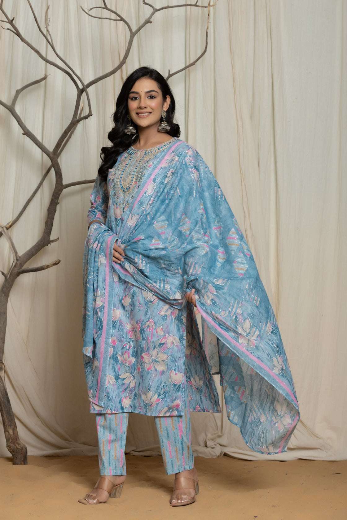 Cotton Premium Mill Print Embroidery Detailing Dupatta Set