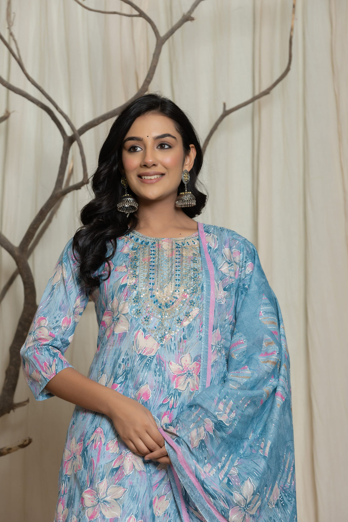 Cotton Premium Mill Print Embroidery Detailing Dupatta Set