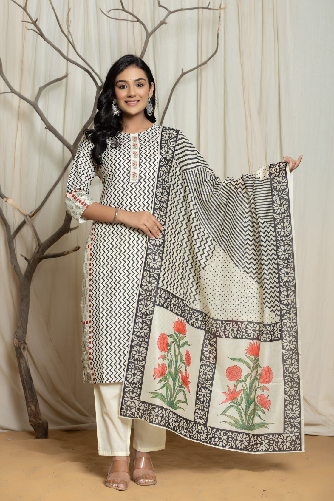 Elegant English Grey Lapet Fine Digital Print with Handwork Detailing Dupatta Set
