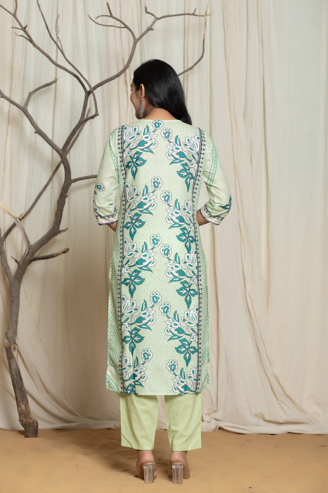 Elegant Pistachio Green Lapet Fine Digital Print with Handwork Detailing Dupatta Set