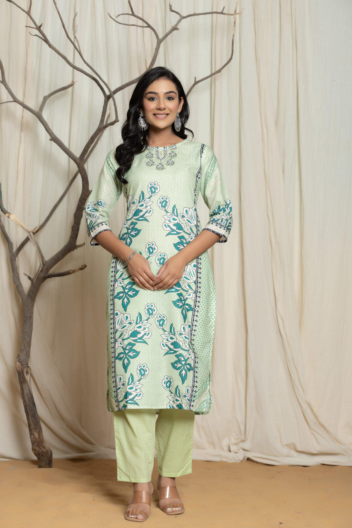 Elegant Pistachio Green Lapet Fine Digital Print with Handwork Detailing Dupatta Set