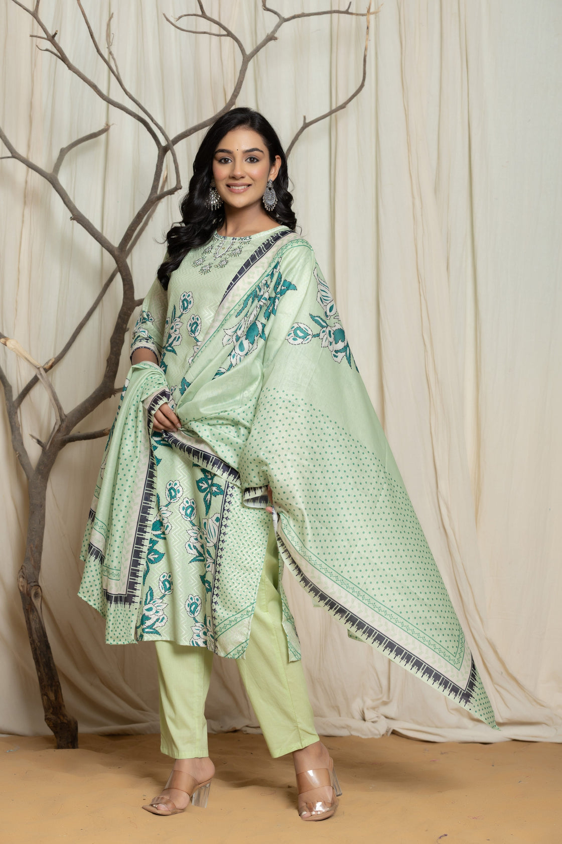 Elegant Pistachio Green Lapet Fine Digital Print with Handwork Detailing Dupatta Set