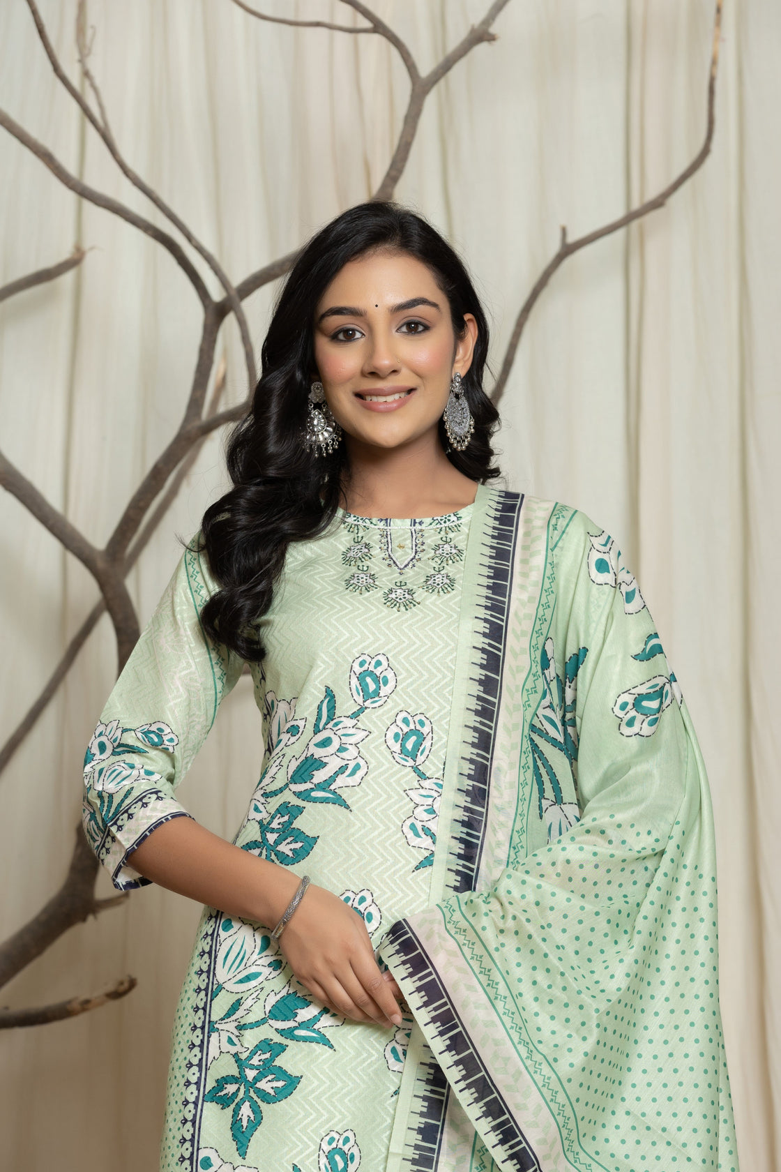 Elegant Pistachio Green Lapet Fine Digital Print with Handwork Detailing Dupatta Set