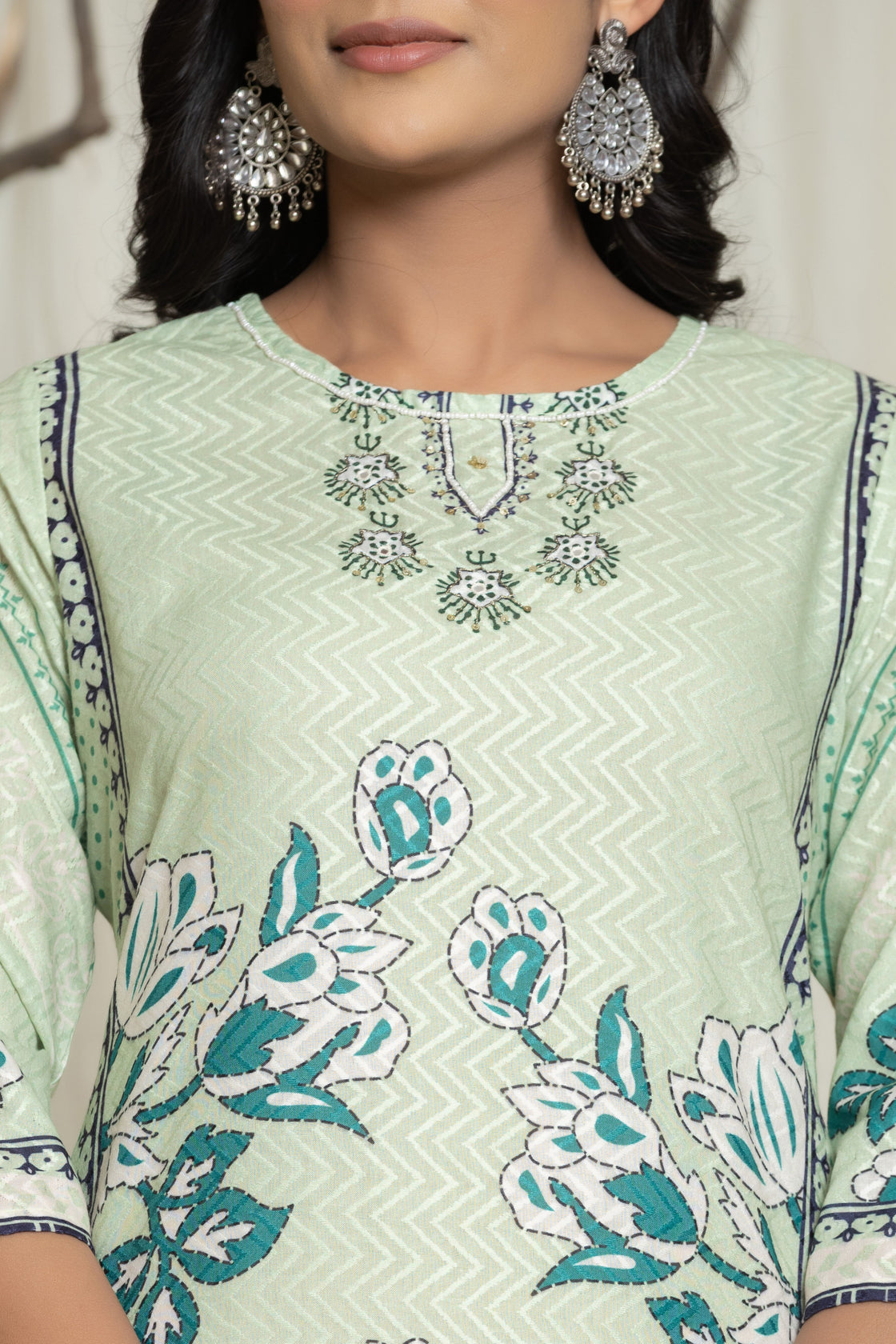 Elegant Pistachio Green Lapet Fine Digital Print with Handwork Detailing Dupatta Set