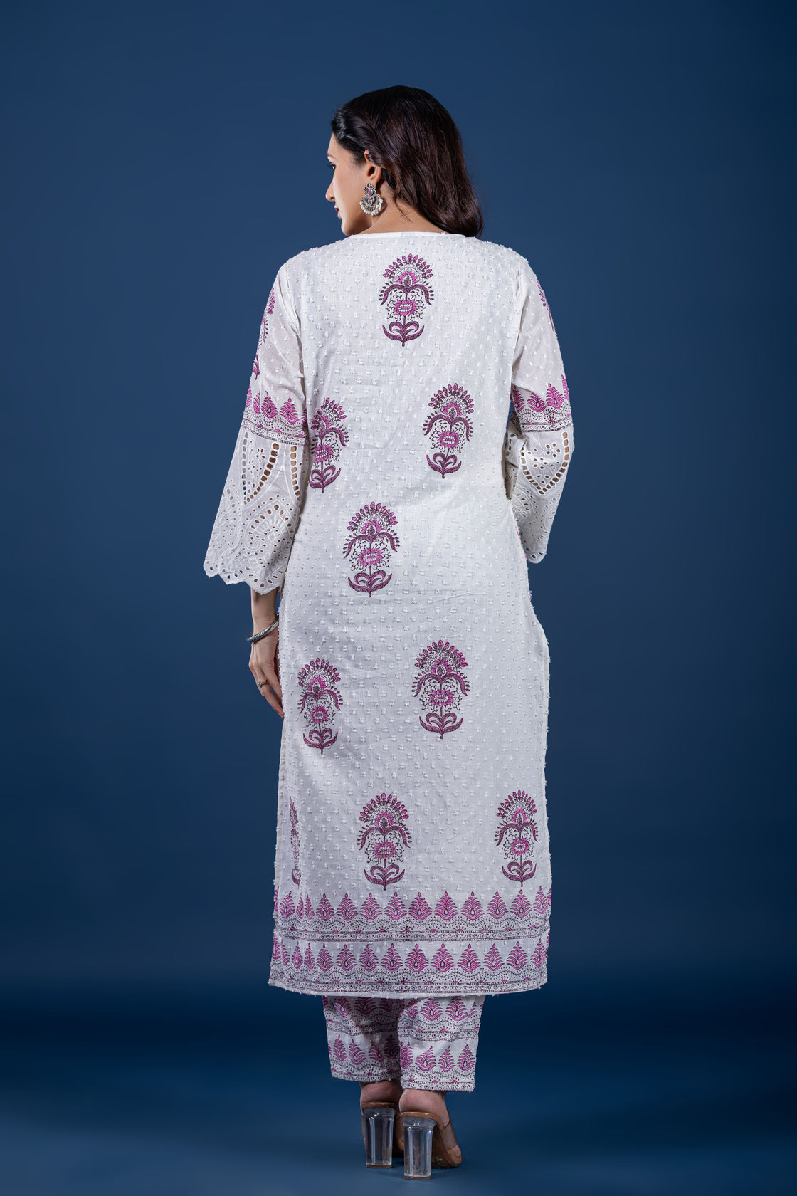 White with Pink Original Hand Block Dupatta Set