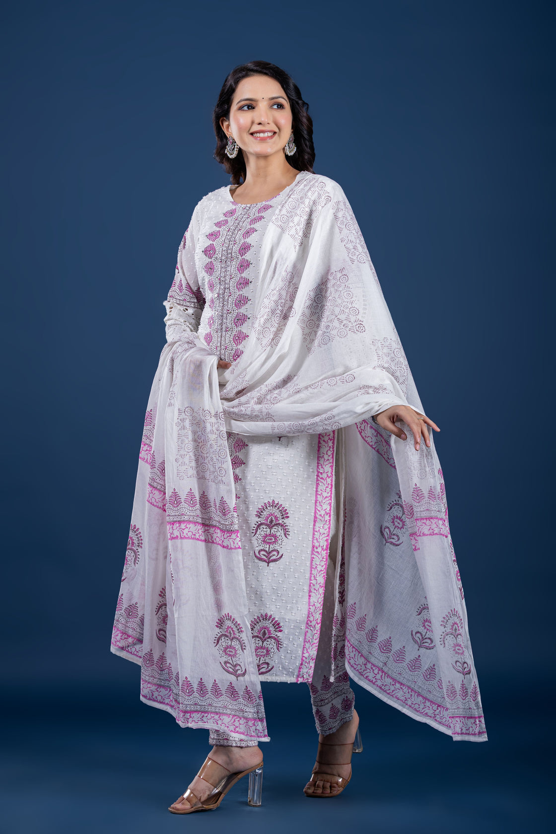 White with Pink Original Hand Block Dupatta Set