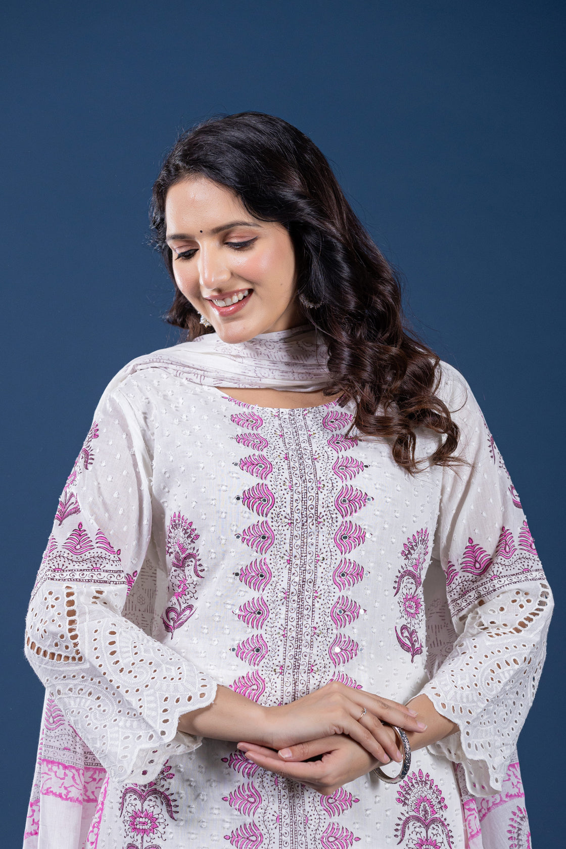 White with Pink Original Hand Block Dupatta Set
