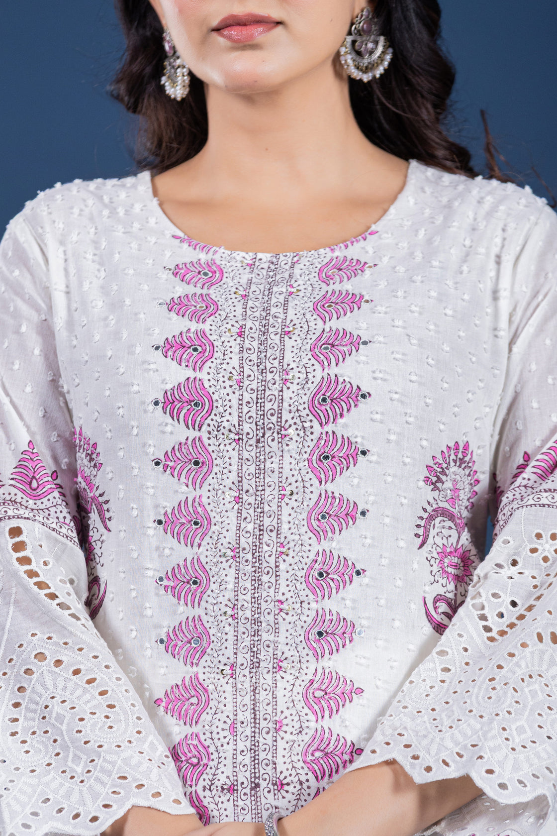 White with Pink Original Hand Block Dupatta Set