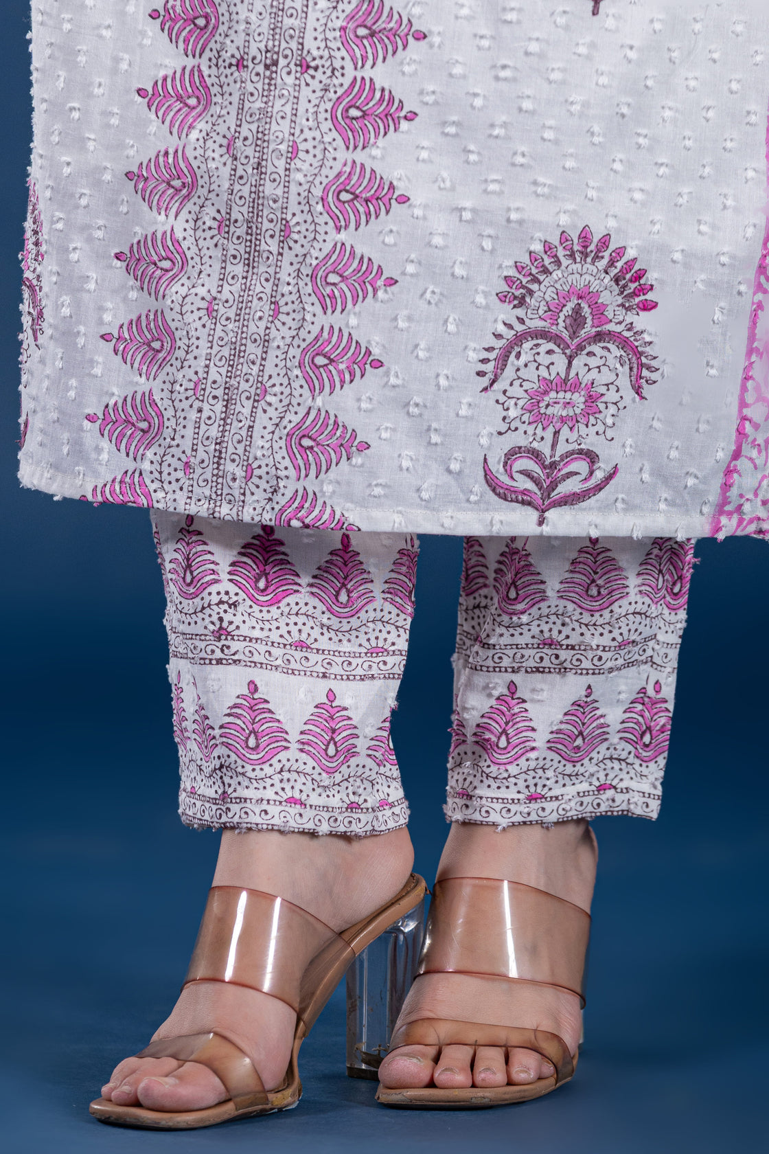 White with Pink Original Hand Block Dupatta Set