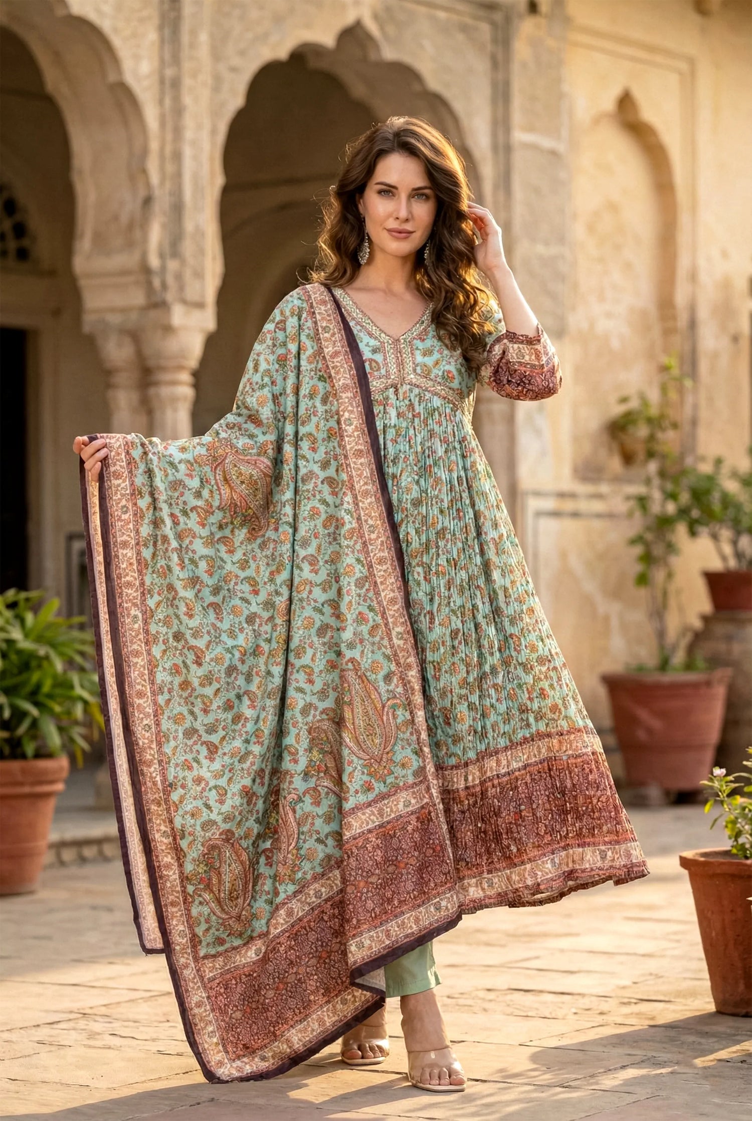 Kalamkari Inspired Chinnon Anarkali set