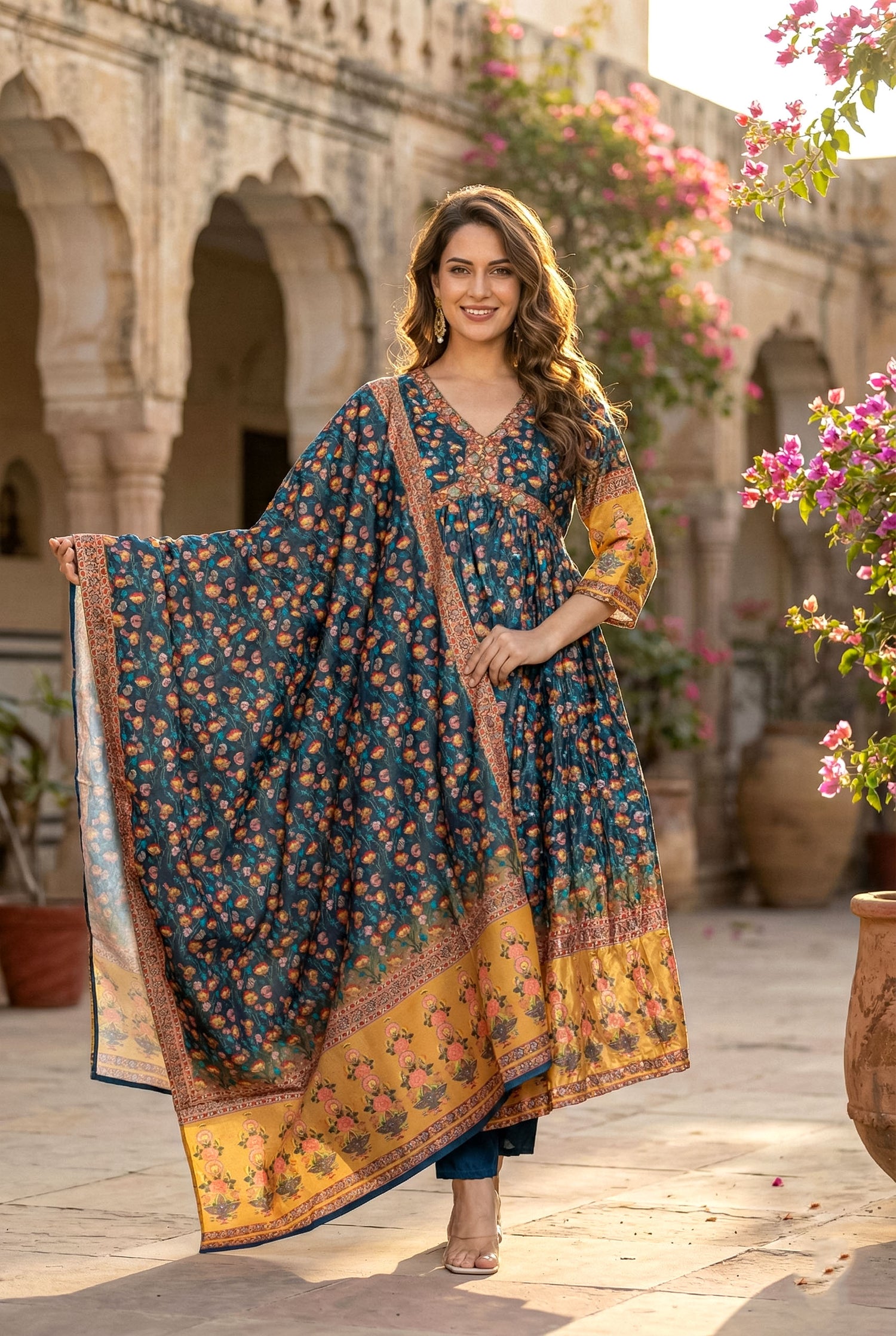 Teal & Mustard Embroidered Anarkali Suit Set | Festive Crushed Chinnon Kurta