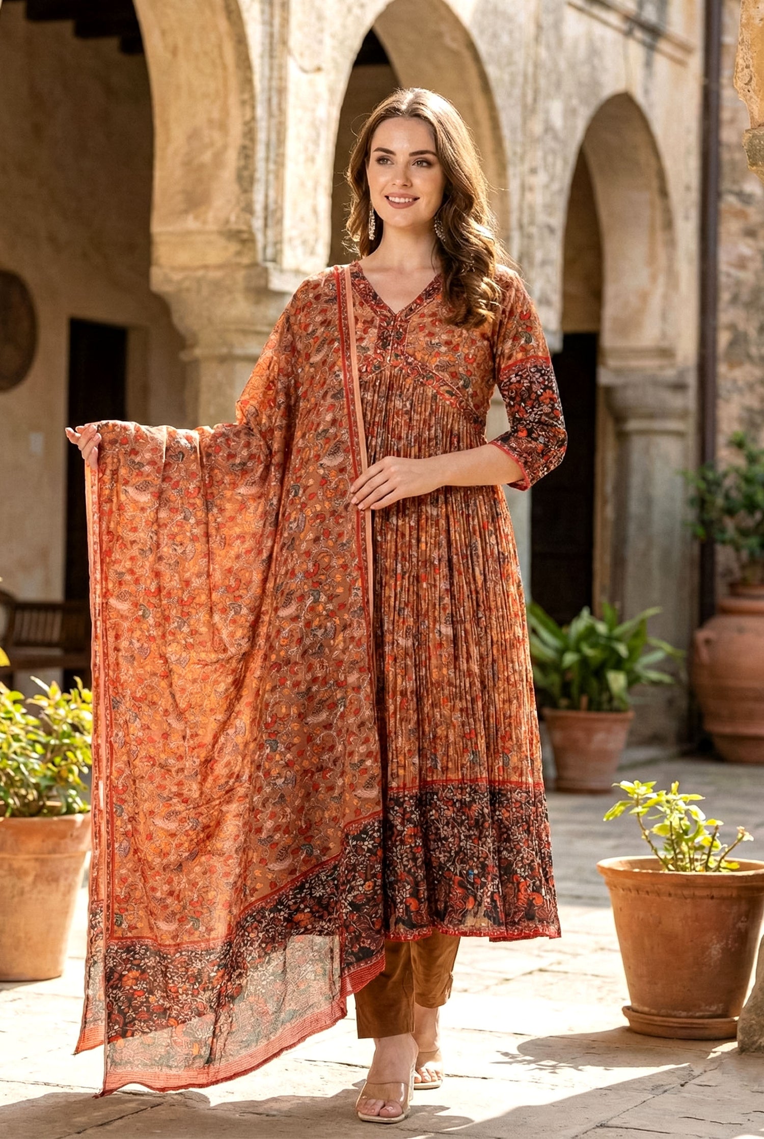 Embroidered Anarkali with Peacock Print Dupatta