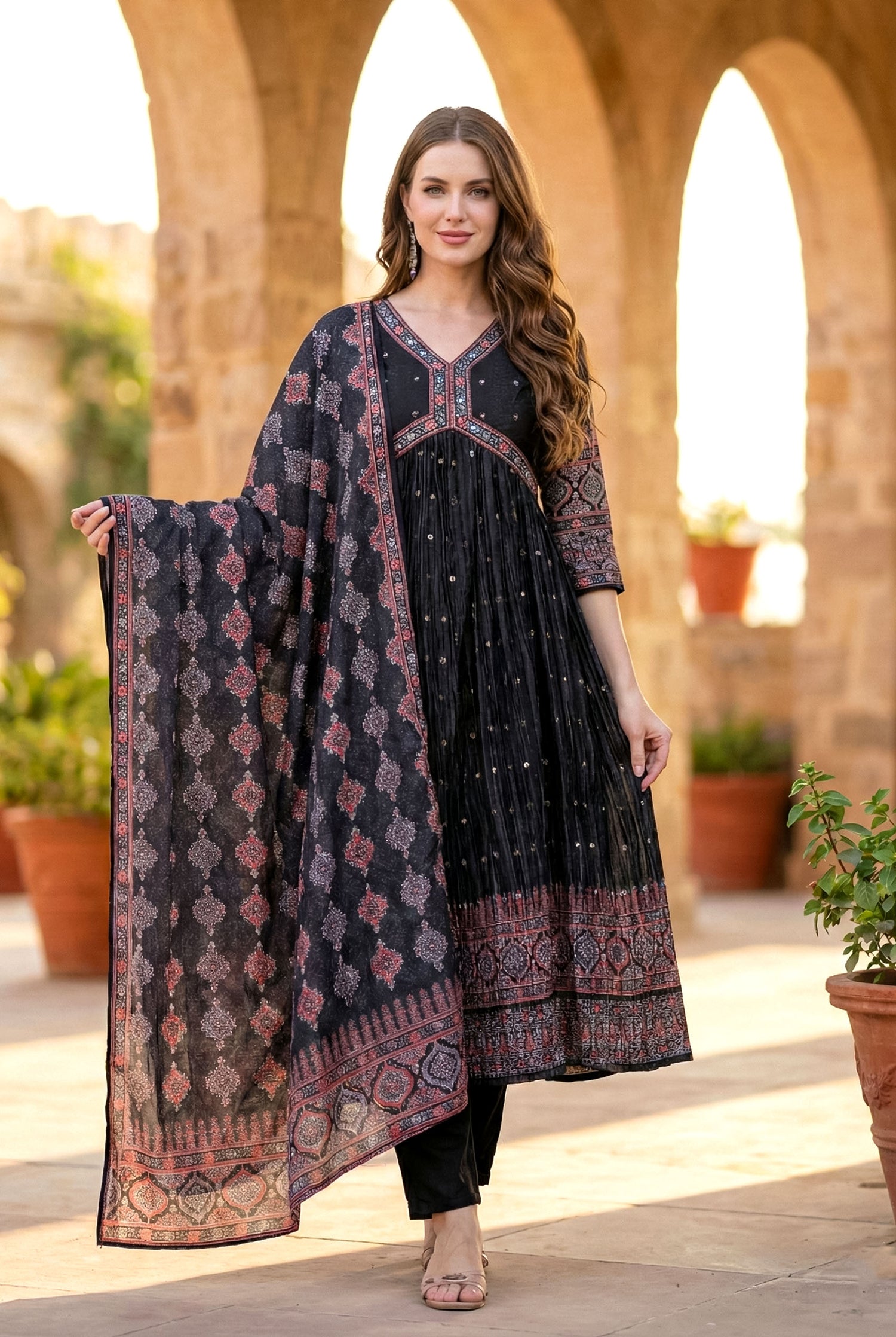 Black Sequin & Embroidered Anarkali Suit Set | Festive Crushed Chinnon Kurta