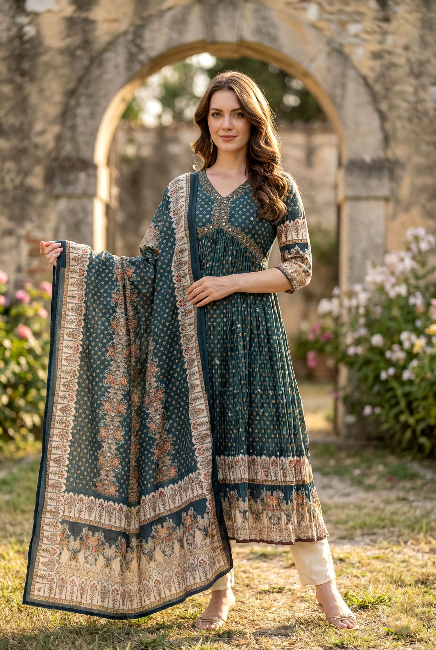 Teal Green Mirror Work Anarkali Suit Set | Festive Crushed Chinnon Kurta