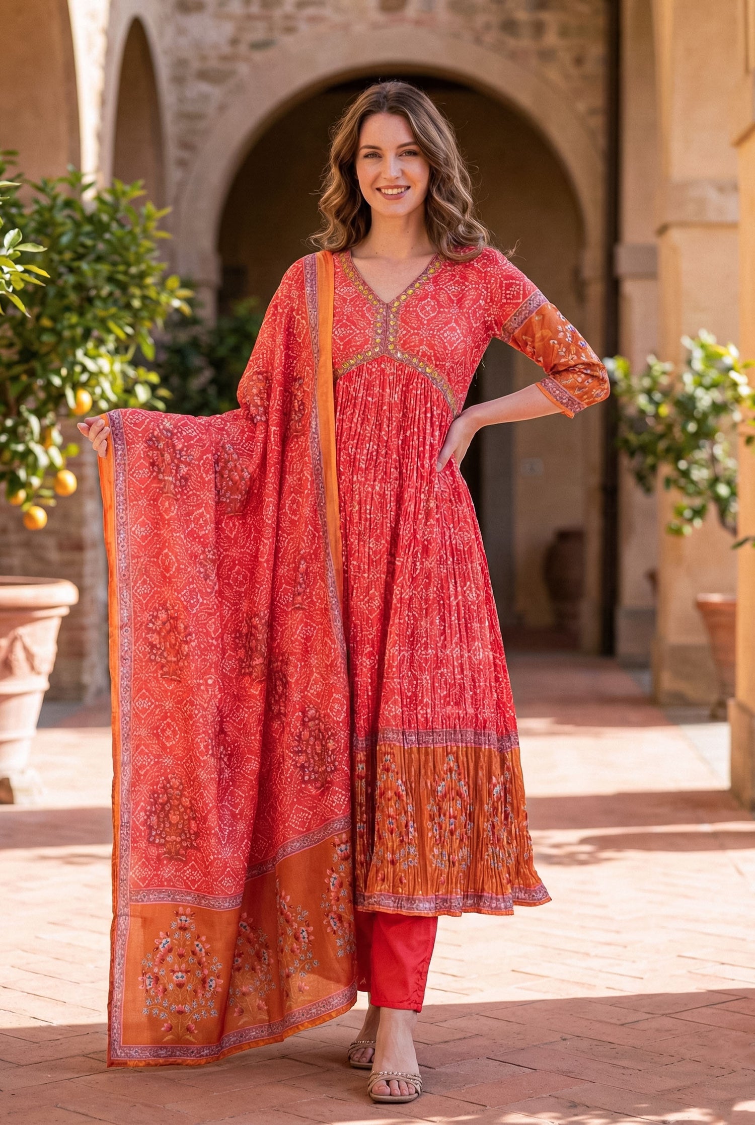 Coral Pink & Orange Mirror Work Anarkali | Festive Bandhani Print Suit Set