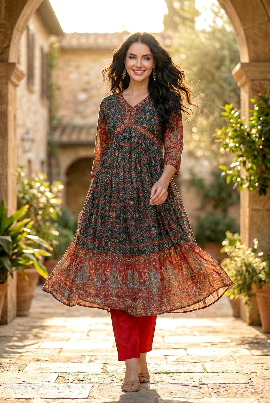 Teal & Red Mirror Work Anarkali Suit Set | Festive Patola Print Kurta | Kurta Set