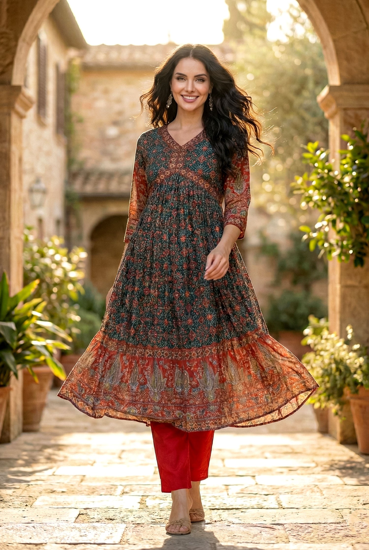 Teal & Red Mirror Work Anarkali Suit Set | Festive Patola Print Kurta | Kurta Set