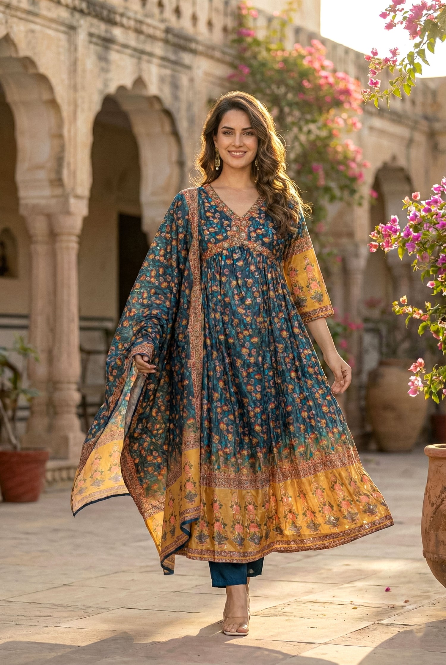 Teal & Mustard Embroidered Anarkali Suit Set | Festive Crushed Chinnon Kurta