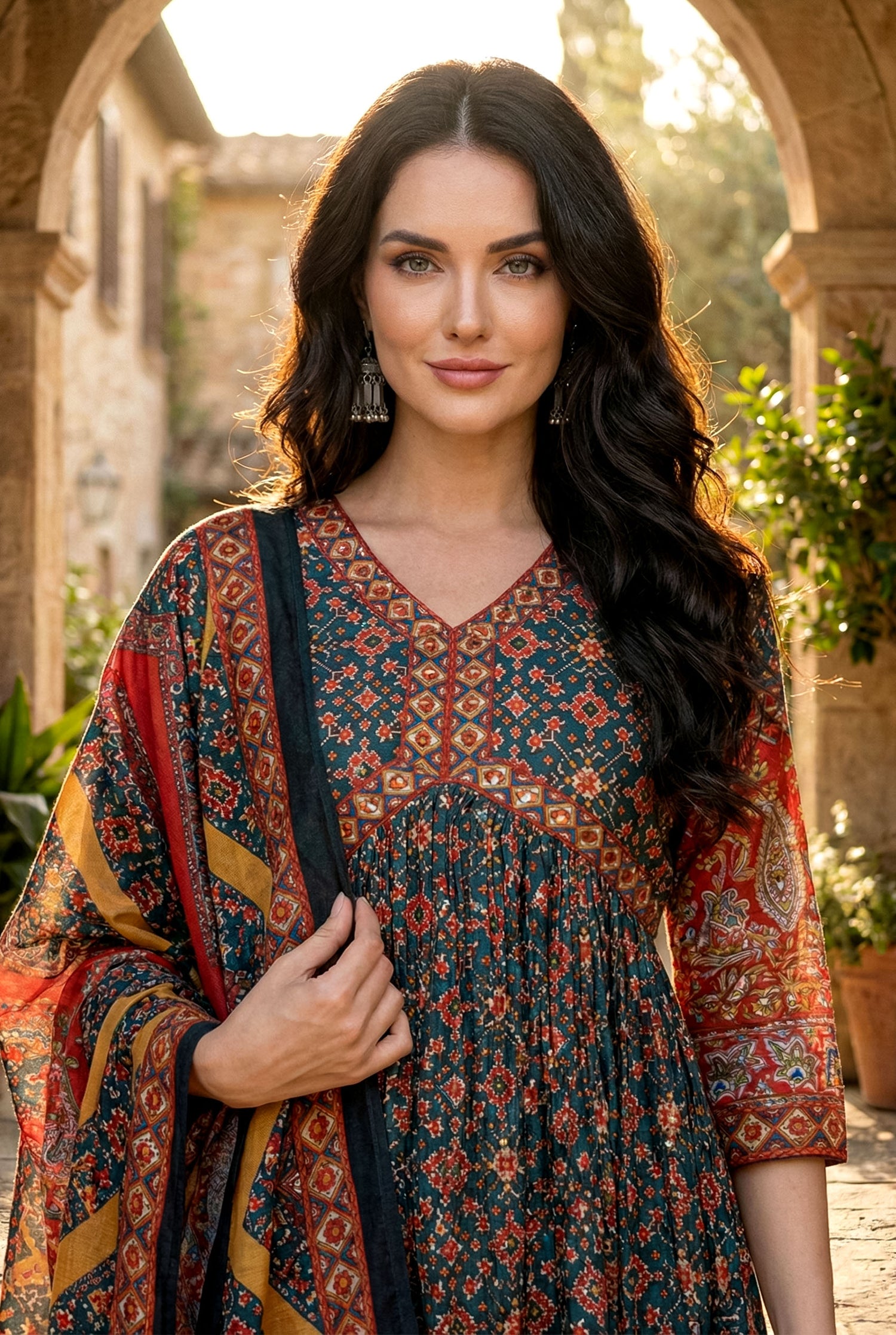 Teal & Red Mirror Work Anarkali Suit Set | Festive Patola Print Kurta | Kurta Set