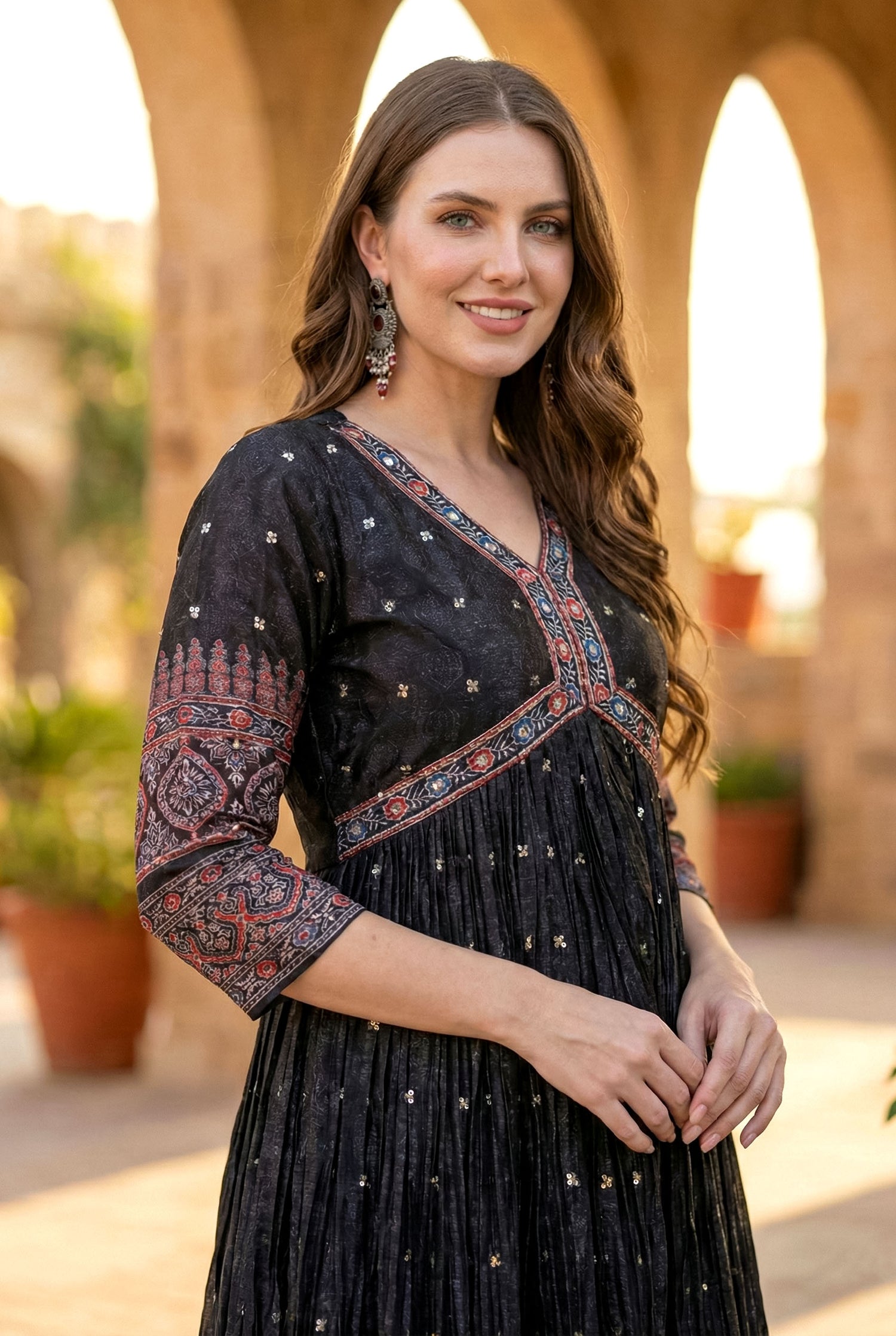 Black Sequin & Embroidered Anarkali Suit Set | Festive Crushed Chinnon Kurta