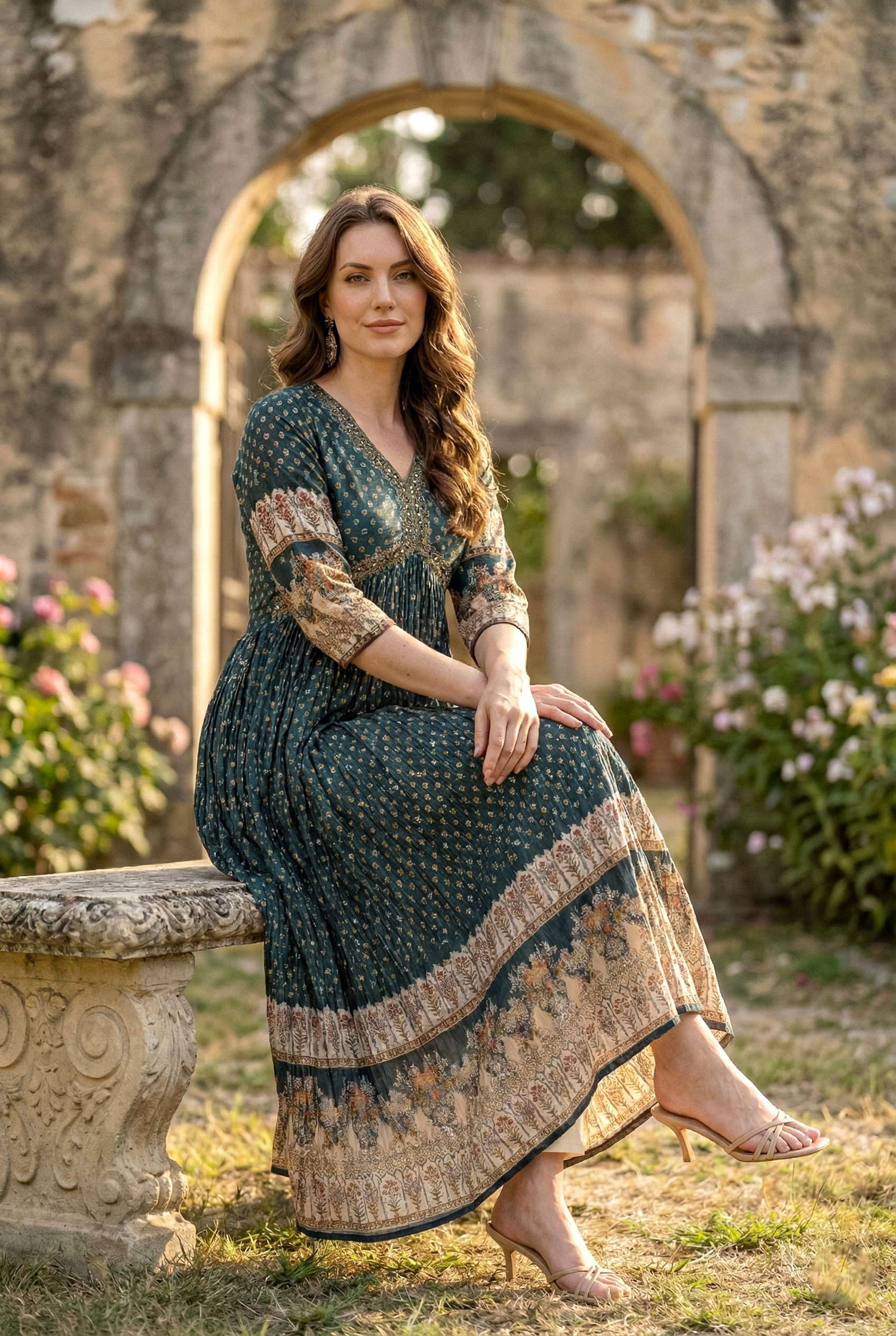 Teal Green Mirror Work Anarkali Suit Set | Festive Crushed Chinnon Kurta