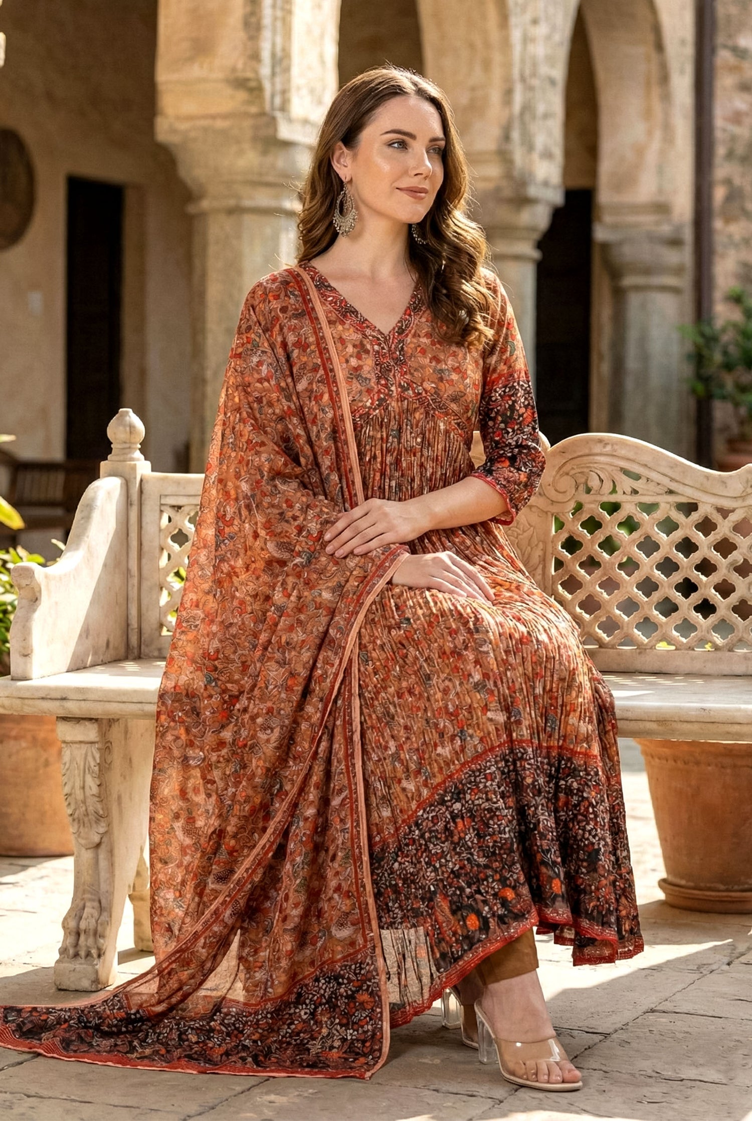 Embroidered Anarkali with Peacock Print Dupatta