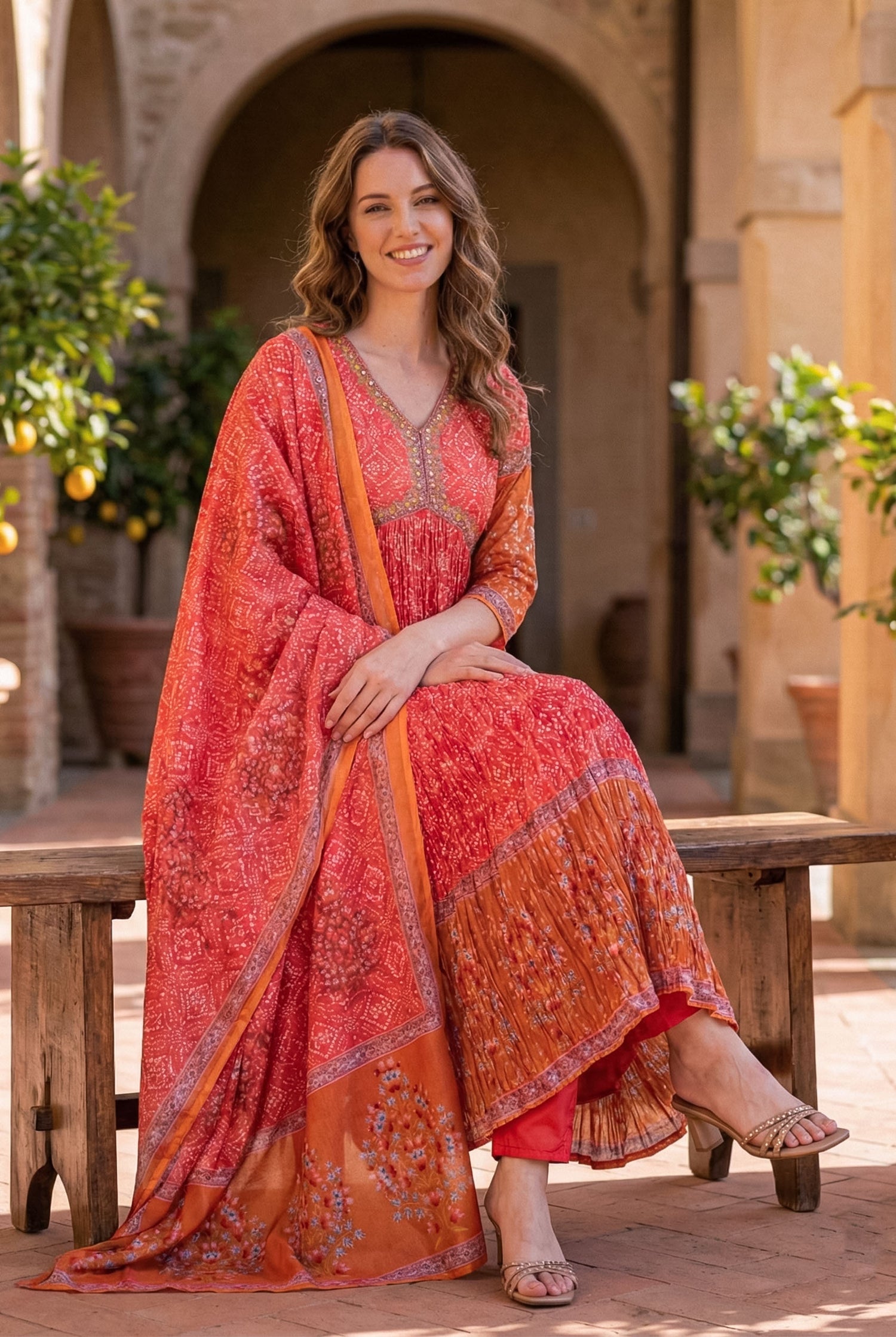 Coral Pink & Orange Mirror Work Anarkali | Festive Bandhani Print Suit Set