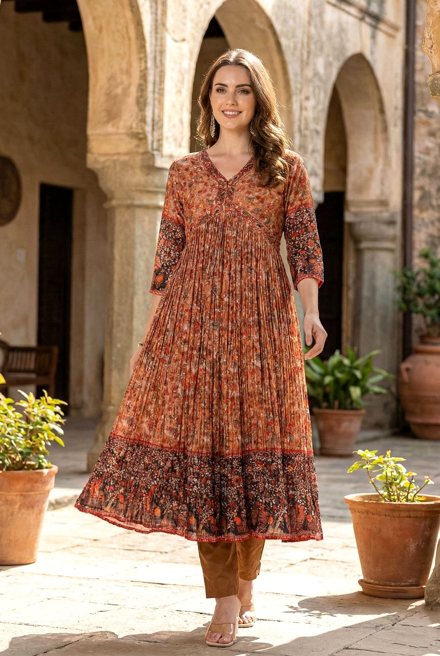 Rust Brown Embroidered Anarkali Suit Set | Festive Crushed Chinnon Kurta & Silk Pants