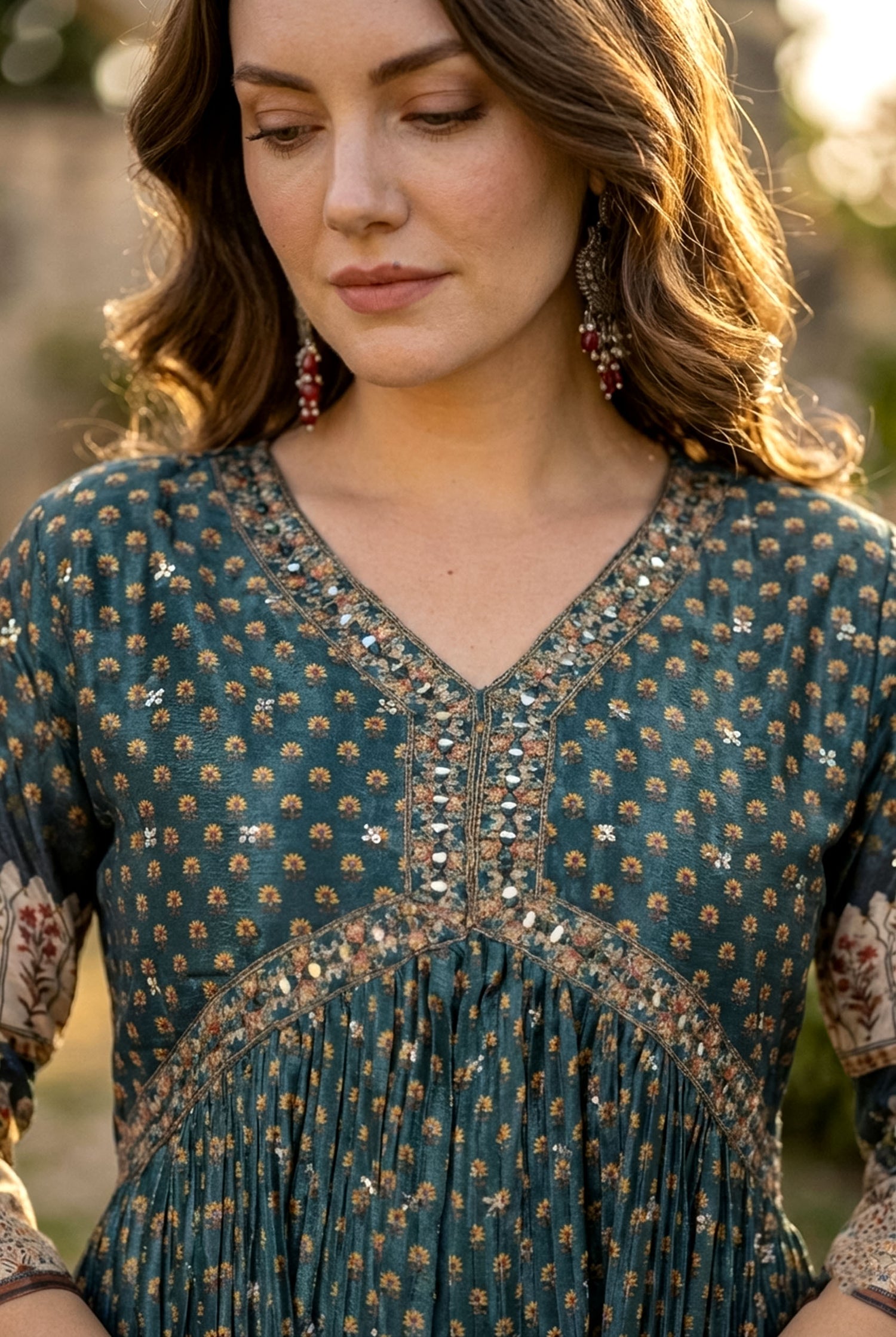 Teal Green Mirror Work Anarkali Suit Set | Festive Crushed Chinnon Kurta