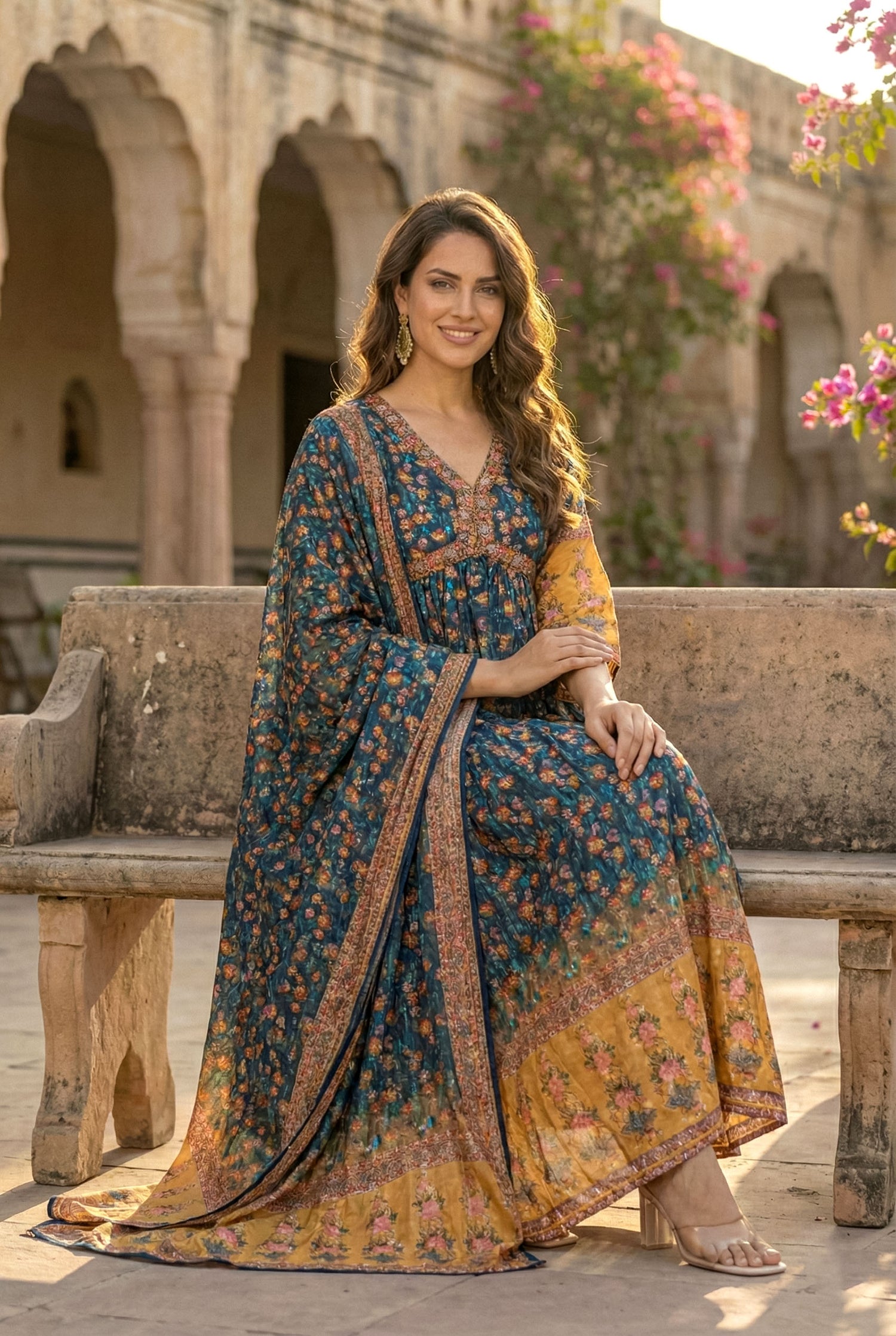 Teal & Mustard Embroidered Anarkali Suit Set | Festive Crushed Chinnon Kurta