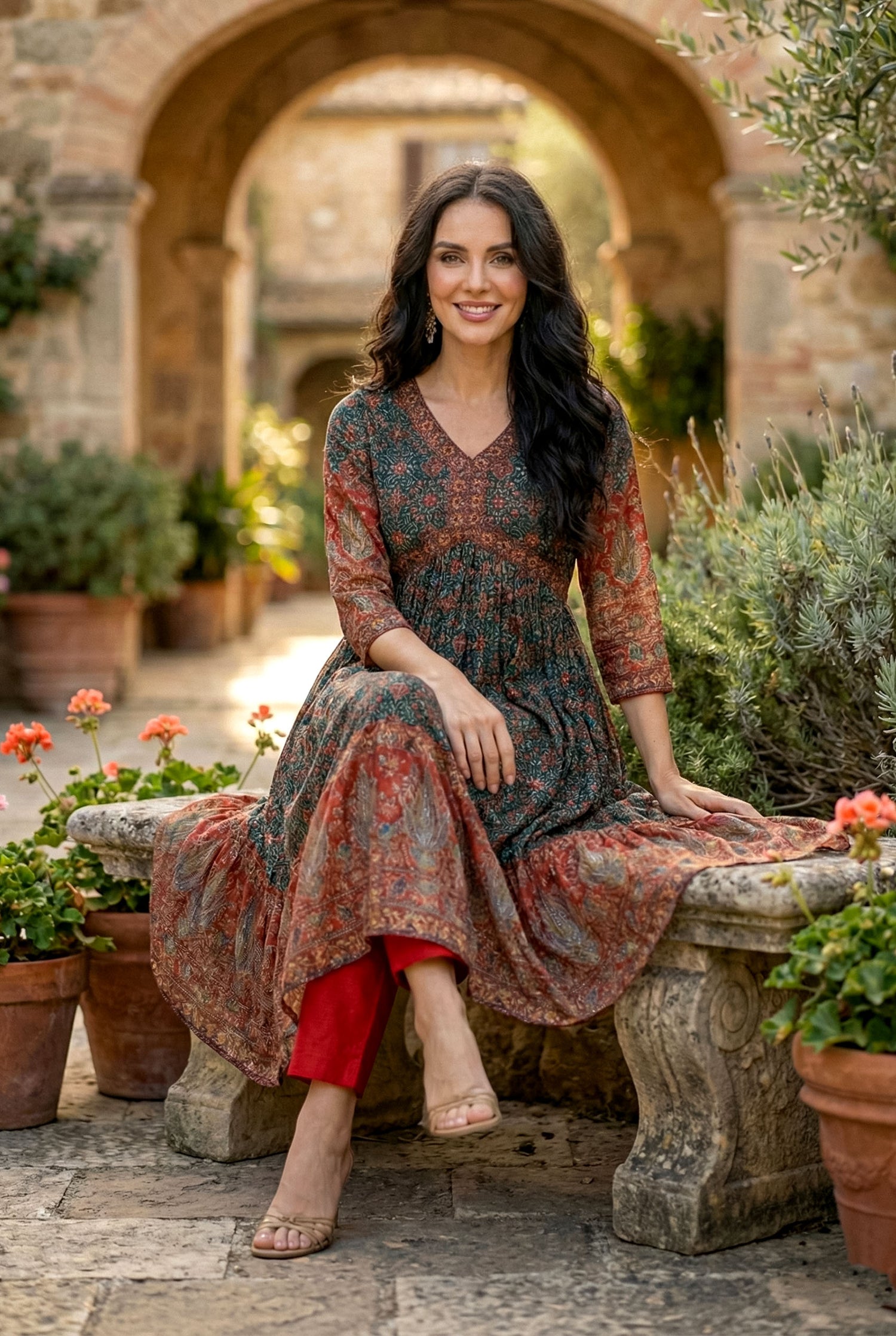 Teal & Red Mirror Work Anarkali Suit Set | Festive Patola Print Kurta | Kurta Set