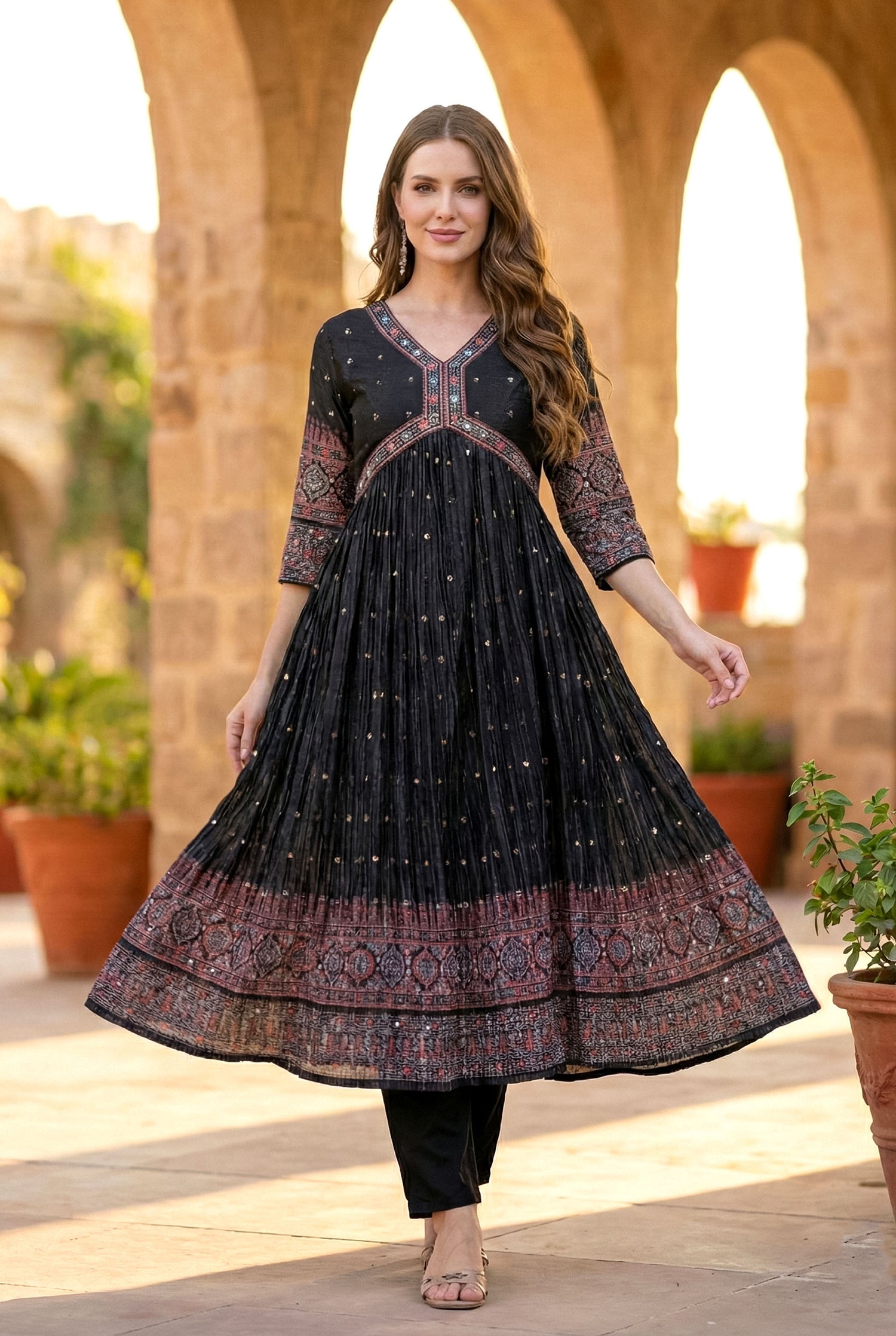 Black Sequin & Embroidered Anarkali Suit Set | Festive Crushed Chinnon Kurta