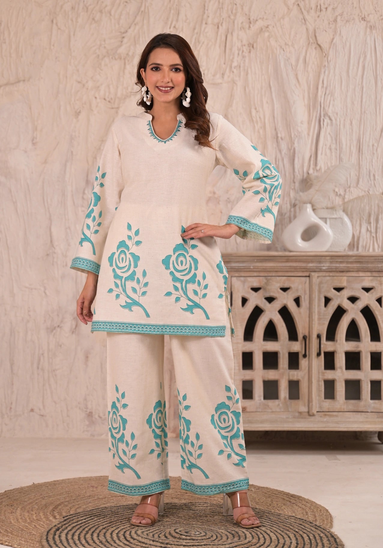 Rose Print Embroidered Cotton-Flex Co-ord Set