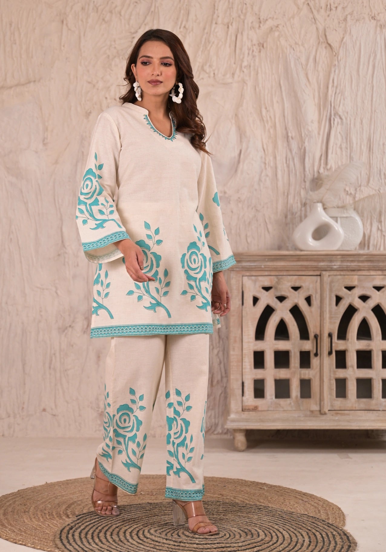 Rose Print Embroidered Cotton-Flex Co-ord Set