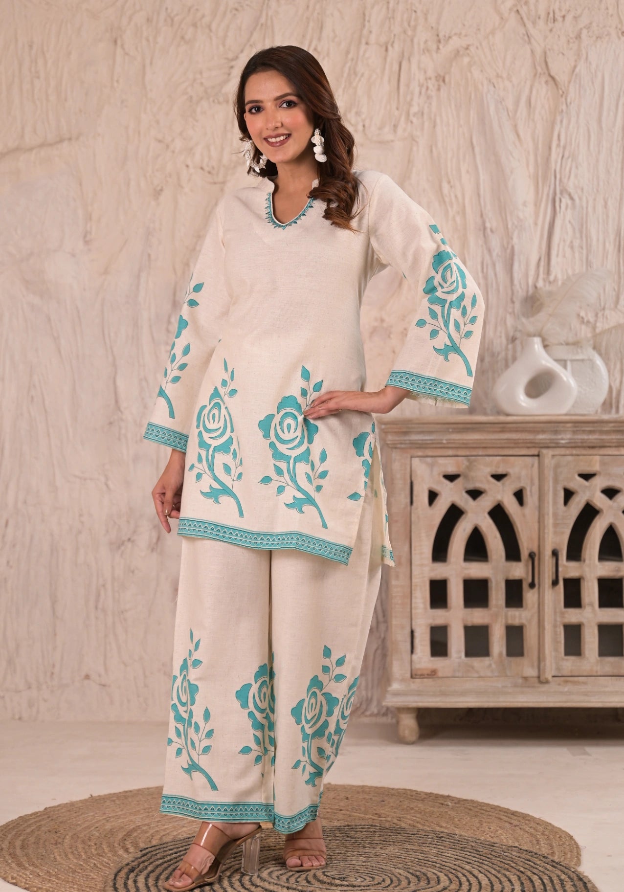 Rose Print Embroidered Cotton-Flex Co-ord Set