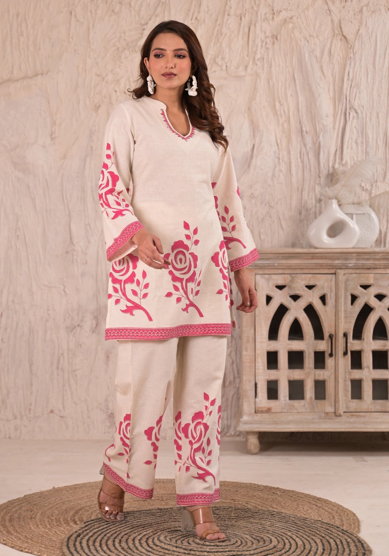 Rose Print Embroidered Cotton-Flex Co-ord Set