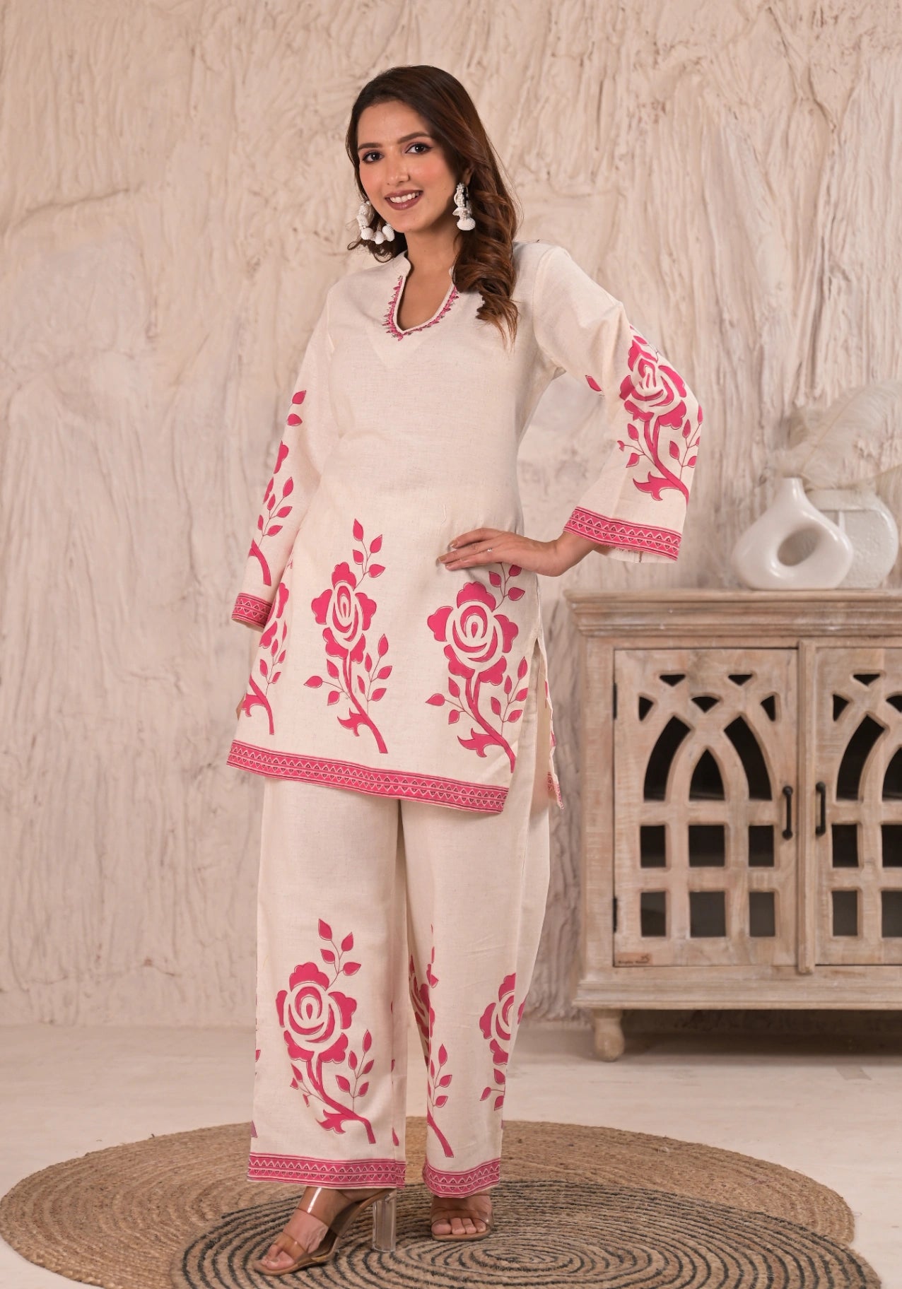 Rose Print Embroidered Cotton-Flex Co-ord Set