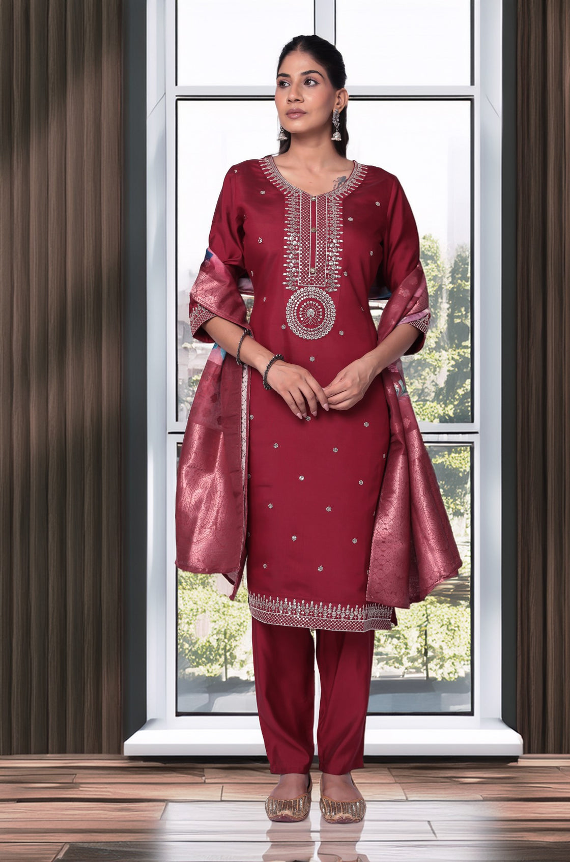Maroon Soft Silk Suit Set: White Thread Embroidery, Sequins & Printed Jacquard Dupatta