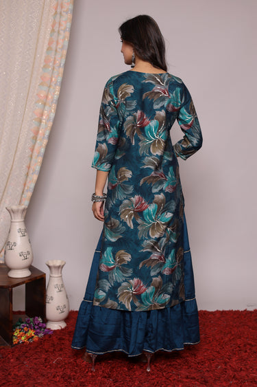 Women's Blue Printed Kurta Duppata Skirt Set