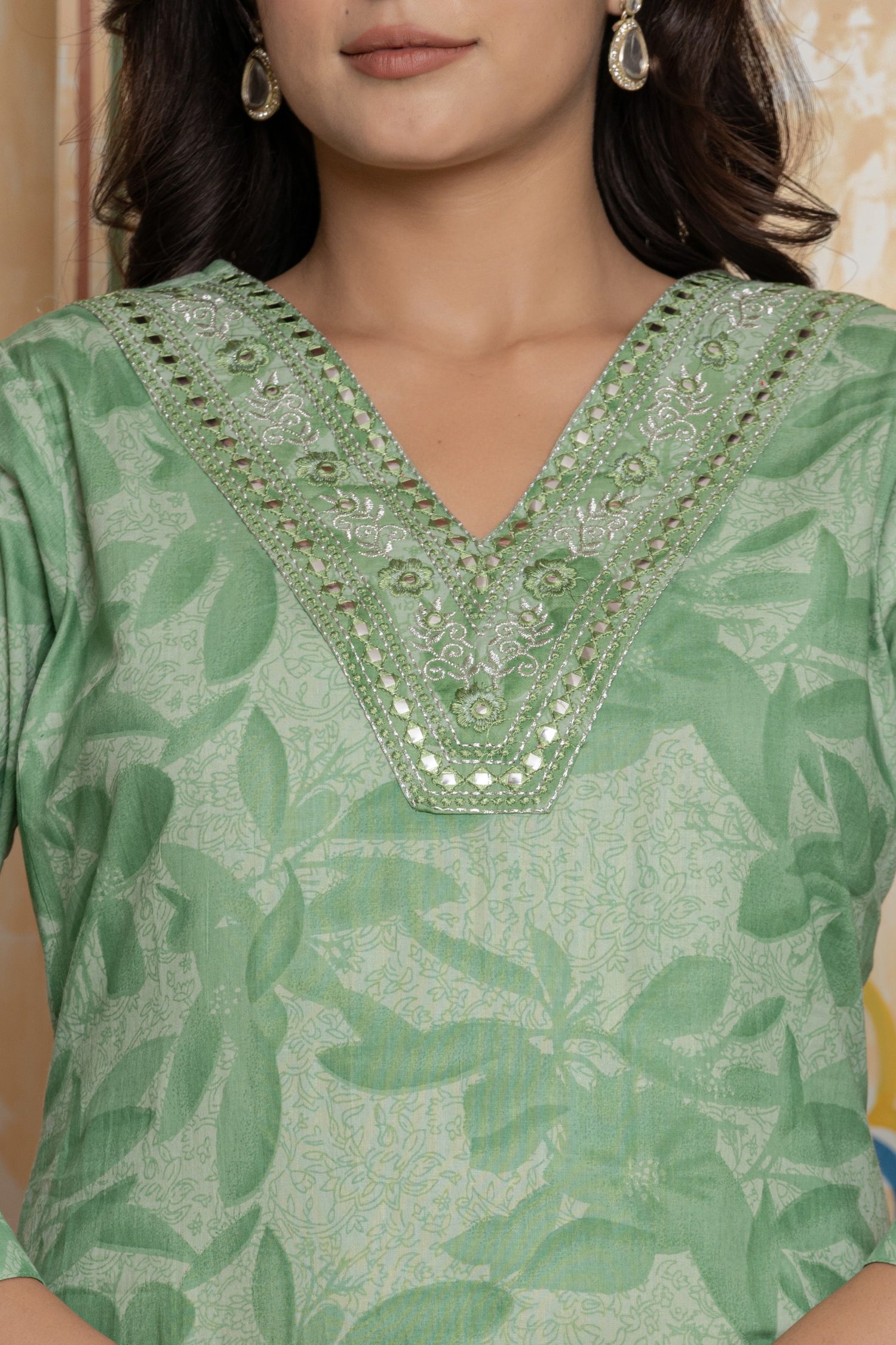 Sage Green Mirror Work Cotton Suit Set | Tonal Leafy Print