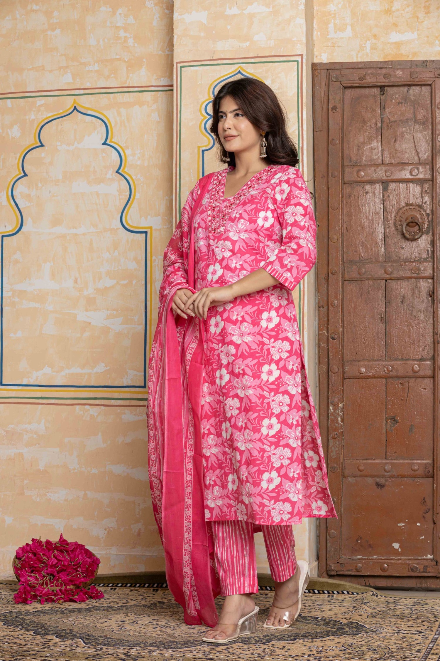 Rani Pink Mirror Work Cotton Suit Set | Floral & Leheriya Print